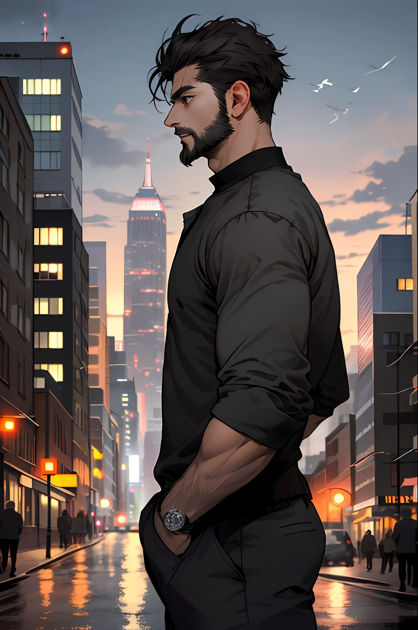 1 man, masterpiece, top quality, super high definition, dusk, cityscape, depth of field, short black messy hair, solo man, little beard