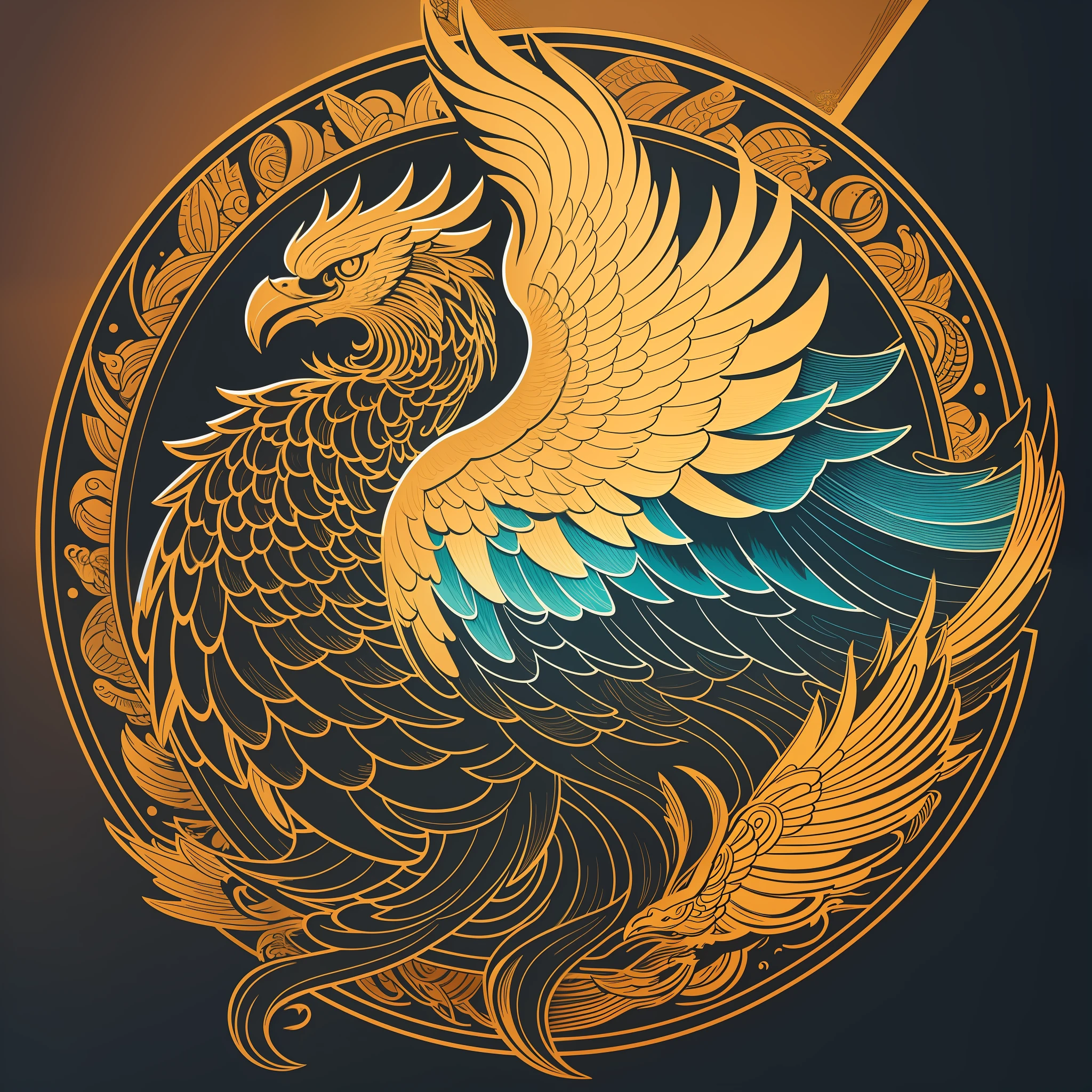 [Gold Phoenix] heraldic silhouette, logo masking style illustration, Dan Mumford, Greg Lutkowski, James Jean, black background, fantasy art, mysterious, realistic, majestic, rich vivid colors, high contrast, seamless water brand, art station, deviant art, dribbling, red bubble, Tee public, sharp focus, simple, hyper detail, detailed drawing, vectorization, outline, isometric style, 8k.