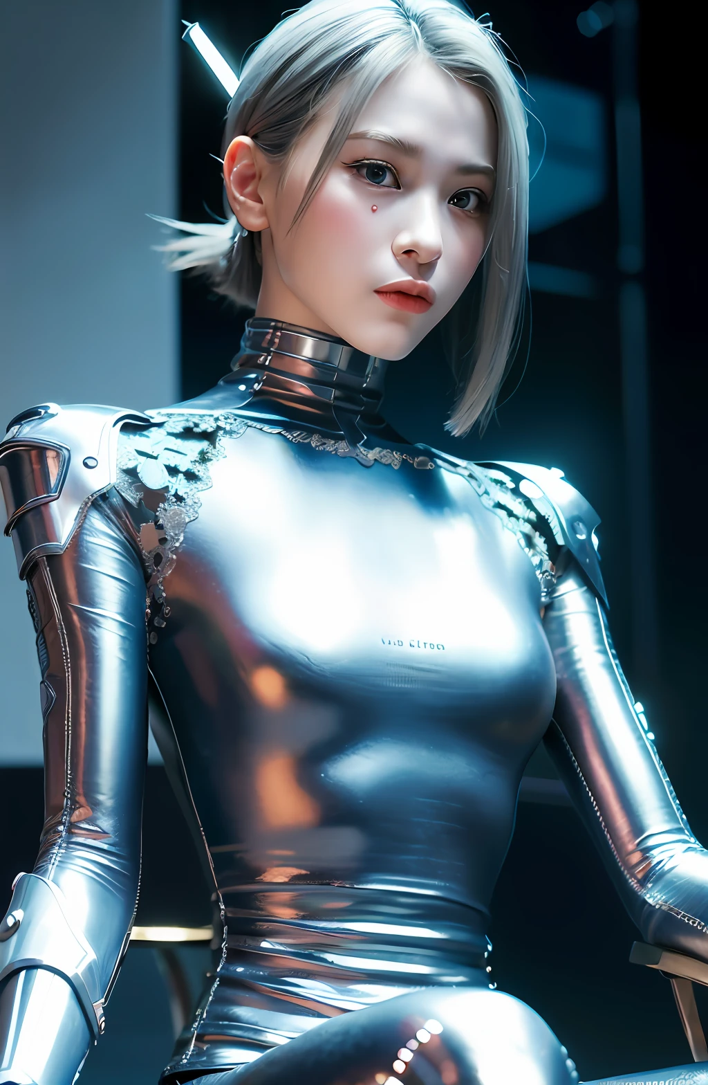 complex 3d render android face ultra detailed beautiful china profile woman, cyborg, robot part, 150 mm, beautiful studio soft light, edge light, vivid detail, fancy cyberpunk, lace, hyperrealistic, anatomy, facial muscles, electric wires, microchips, elegant, beautiful background, octane render, HR Giger style, 8k, top quality, masterpiece, illustration, smooth and beautiful, highly detailed, CG, unity, wallpaper, (realistic, photo-realistic: 1.37), excellent, detail refined, masterpiece, top quality, official art, highly detailed, absurd CG unity 8k wallpaper, absurd, robot, silver halmet, full body, sitting