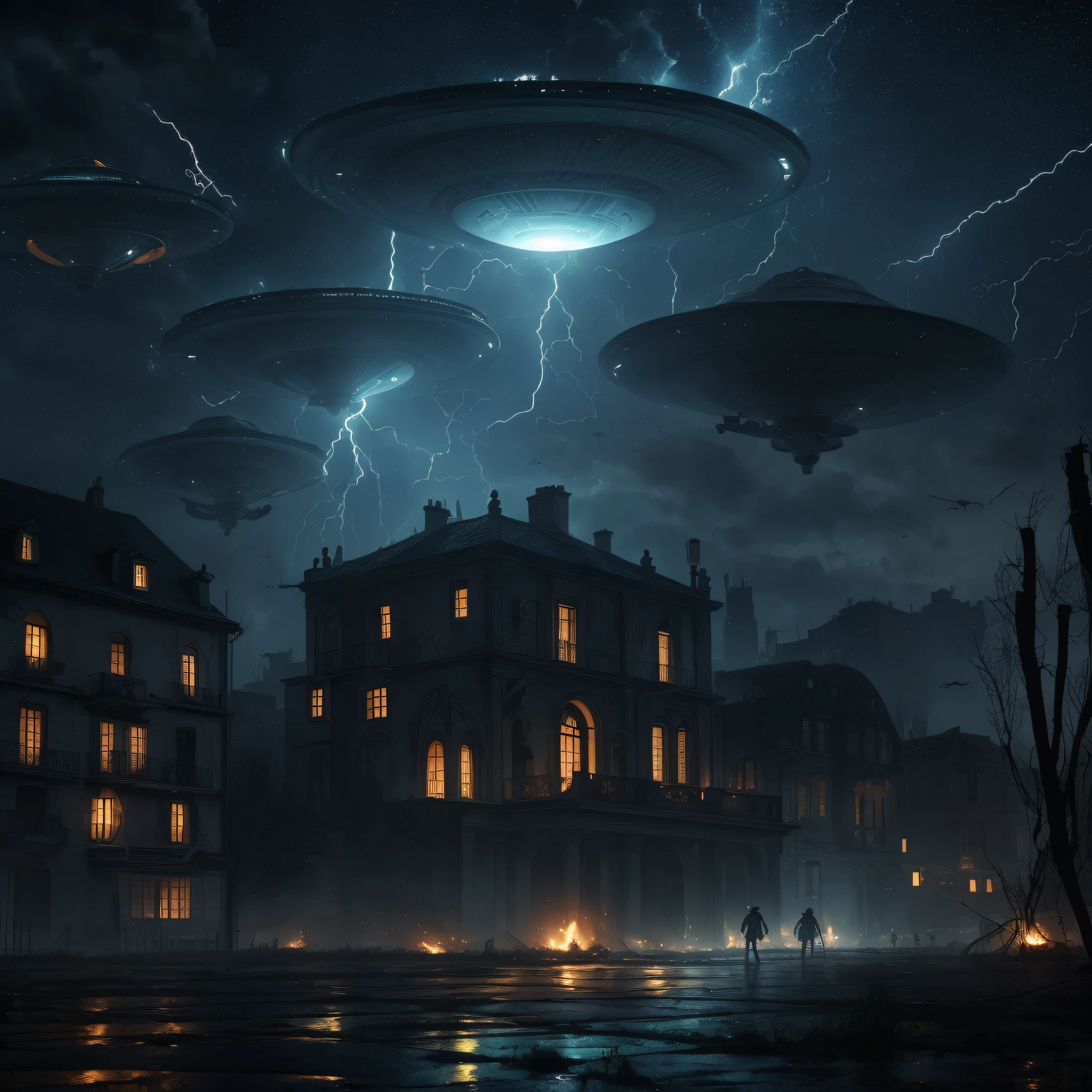 alien invasion, several flying saucers in the sky. Night with plenty of rain, people running in despair, people being abducted, lightning and thunder, houses on fire. Medieval era