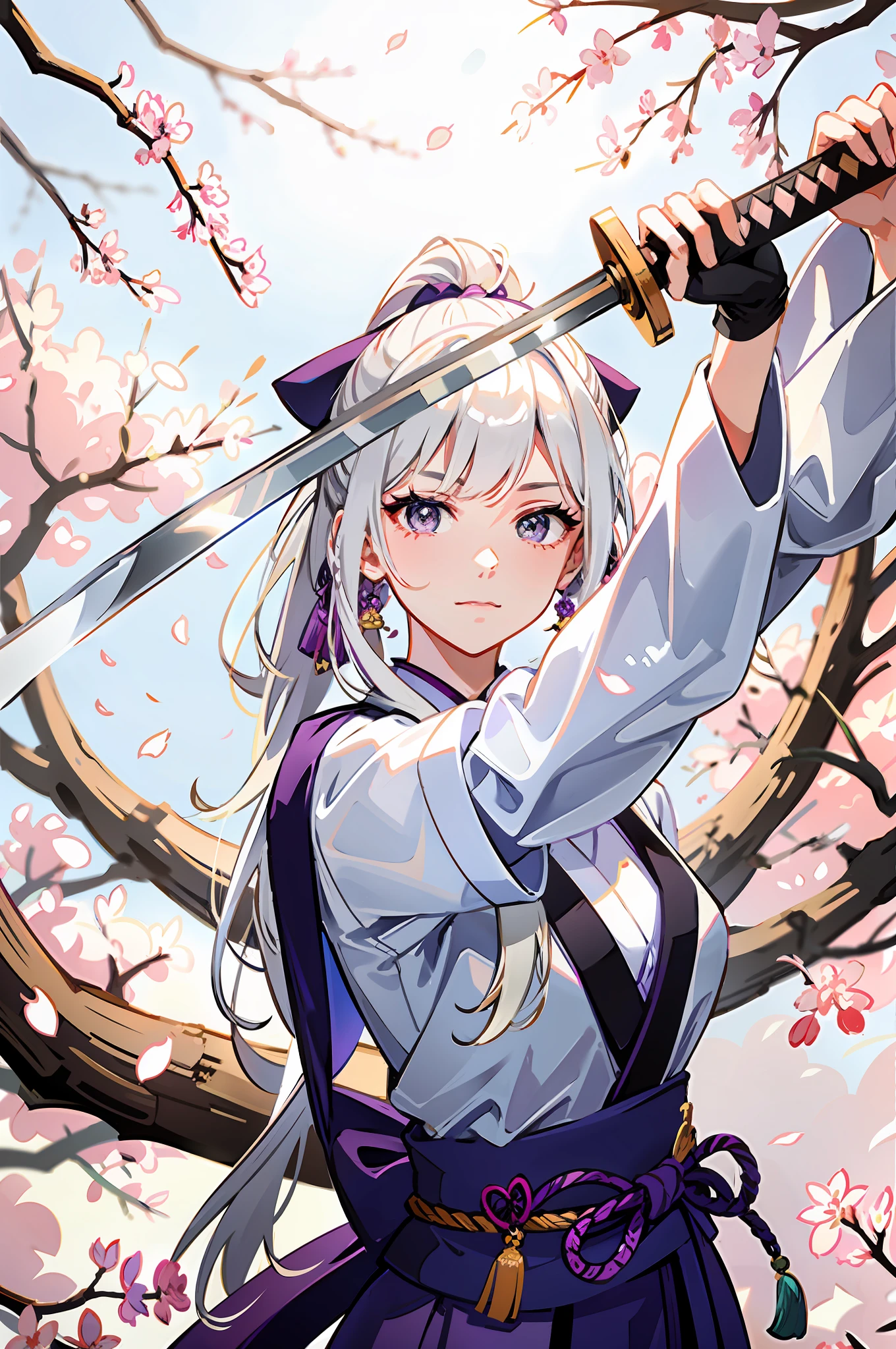 masterpiece, best quality, perfect detail, perfect shadow, edge light, ultra expensive quality, white-haired woman with purple, ponytail, wearing kimono, hakama, holding a sword on a katana, holding a sword on his shoulder, looking at the viewer, posing with a sword, in cherry tree forest at night, cherry blossom petals falling, moon