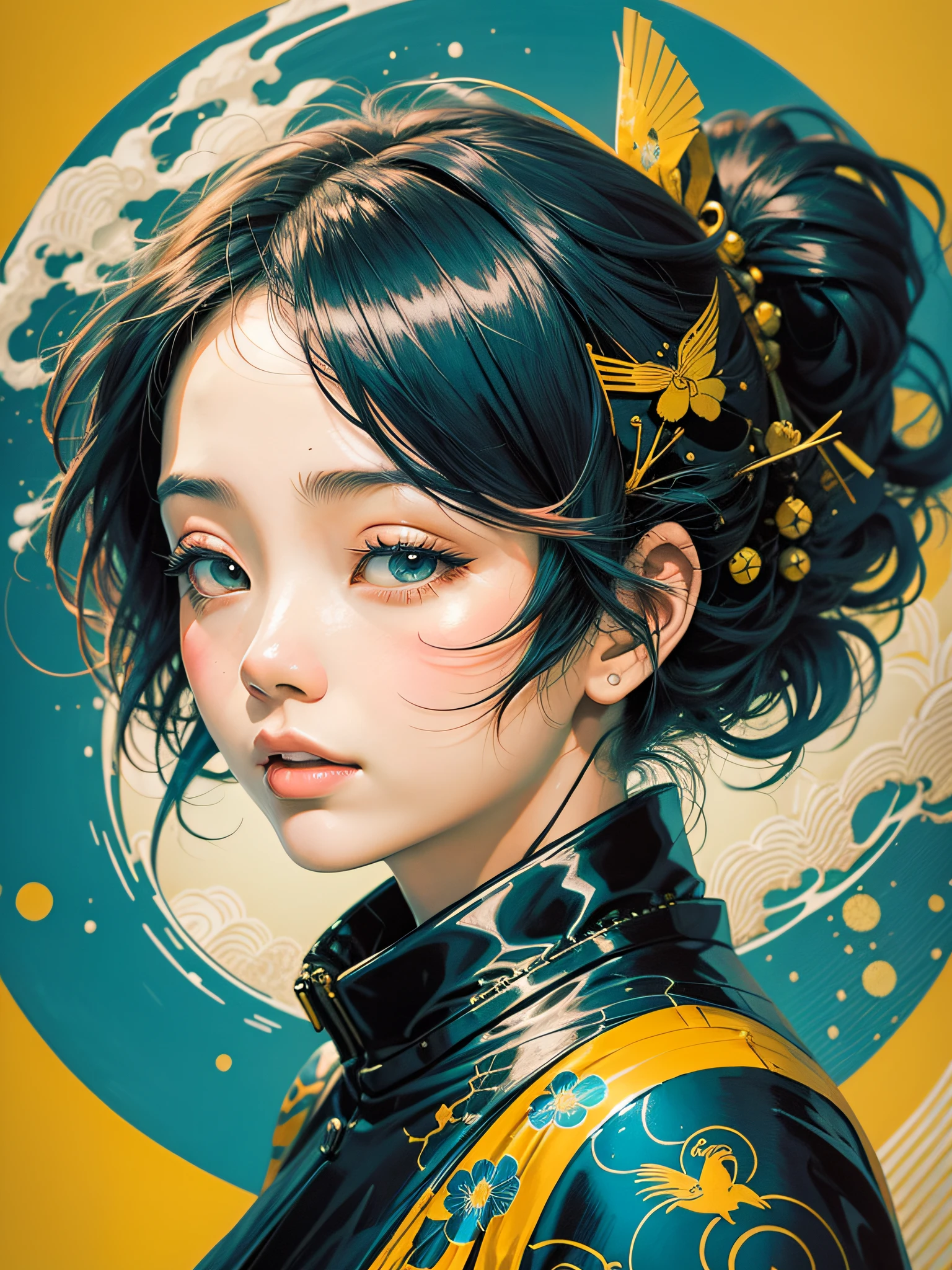 Vietnamese girl, primary colors with white highlights, half tone, close-up portrait, hair blown by the wind, Hokusai wave background, ukiyo-e style by Tomer Hanuka and Atey Ghailan and Roy Lichtenstein and Maxfield Parrish, expressive, in the style of official art, gorecore, koi fish and avian-themed, dark yellow and light black, oshare kei, full body.Vector, Cell shade,