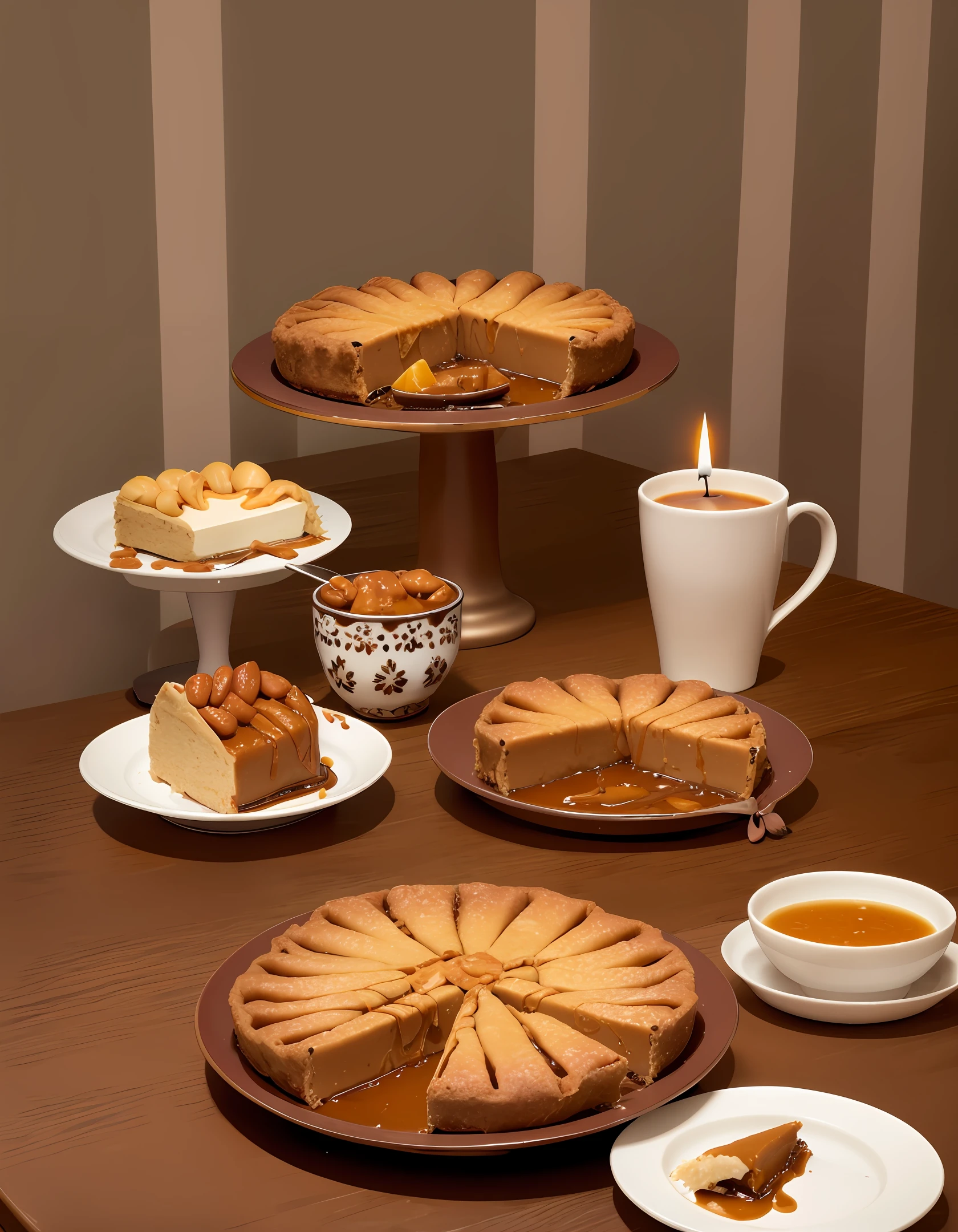 Dark table with dulce de leche pie and simple savouries. With lighting focused on sweets