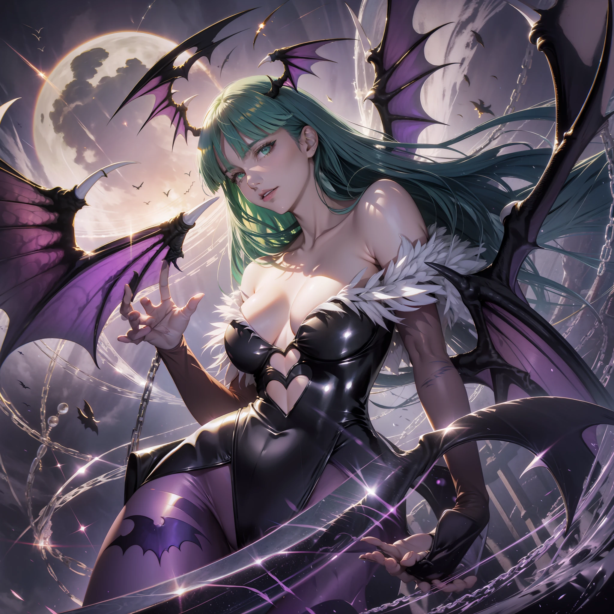 (detailed line art of Morrigan Aansland, dark stalker), charming expression, flying in the sky, angle from below, night sky, old castle, golden glowing eyes, dark eye shadow, moonlight, symmetrical, perfect anatomy, (Dutch angle shot: 1.5) digital painting, concept art, borminetric lighting, Tanvir Tamim, metal reflection, 2d rendering, 8k。
