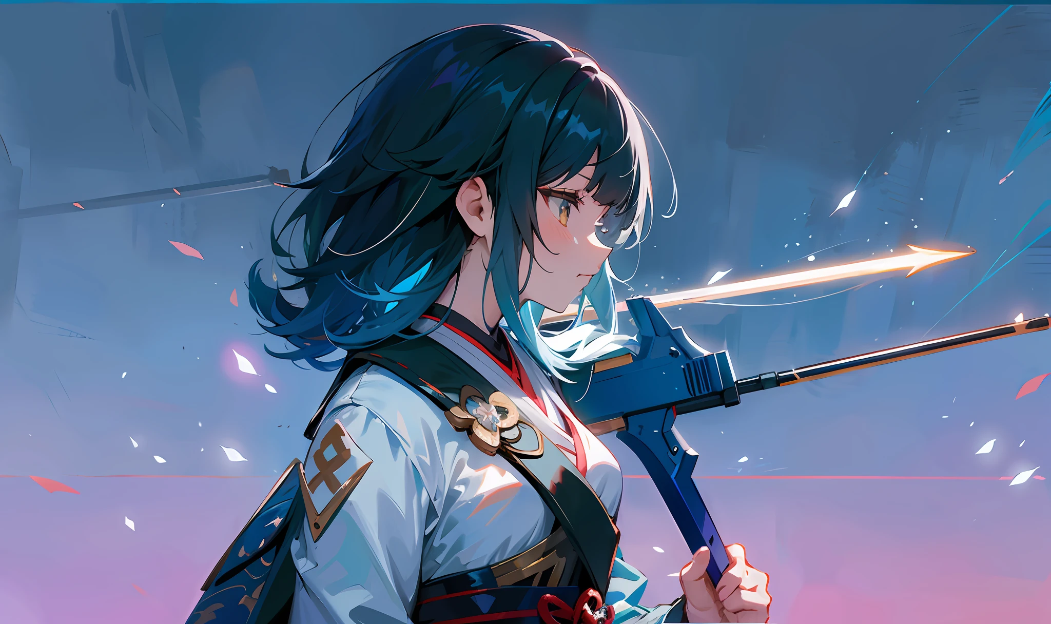 Anime girl holding a crossbow in her hand, white clothes, Ayaka Genshin Impact, long hair, white background, carrying a crossbow on her shoulder, cat, Genshin Impact Katshiyo, Genshin Impact Naka, Ayaka Game Genshin Impact, crisp and clear RPG portrait, Genshin Impact character, heroine 👀: 8, Portrait of a female anime hero, April rendering, mask on shoulder, sketch