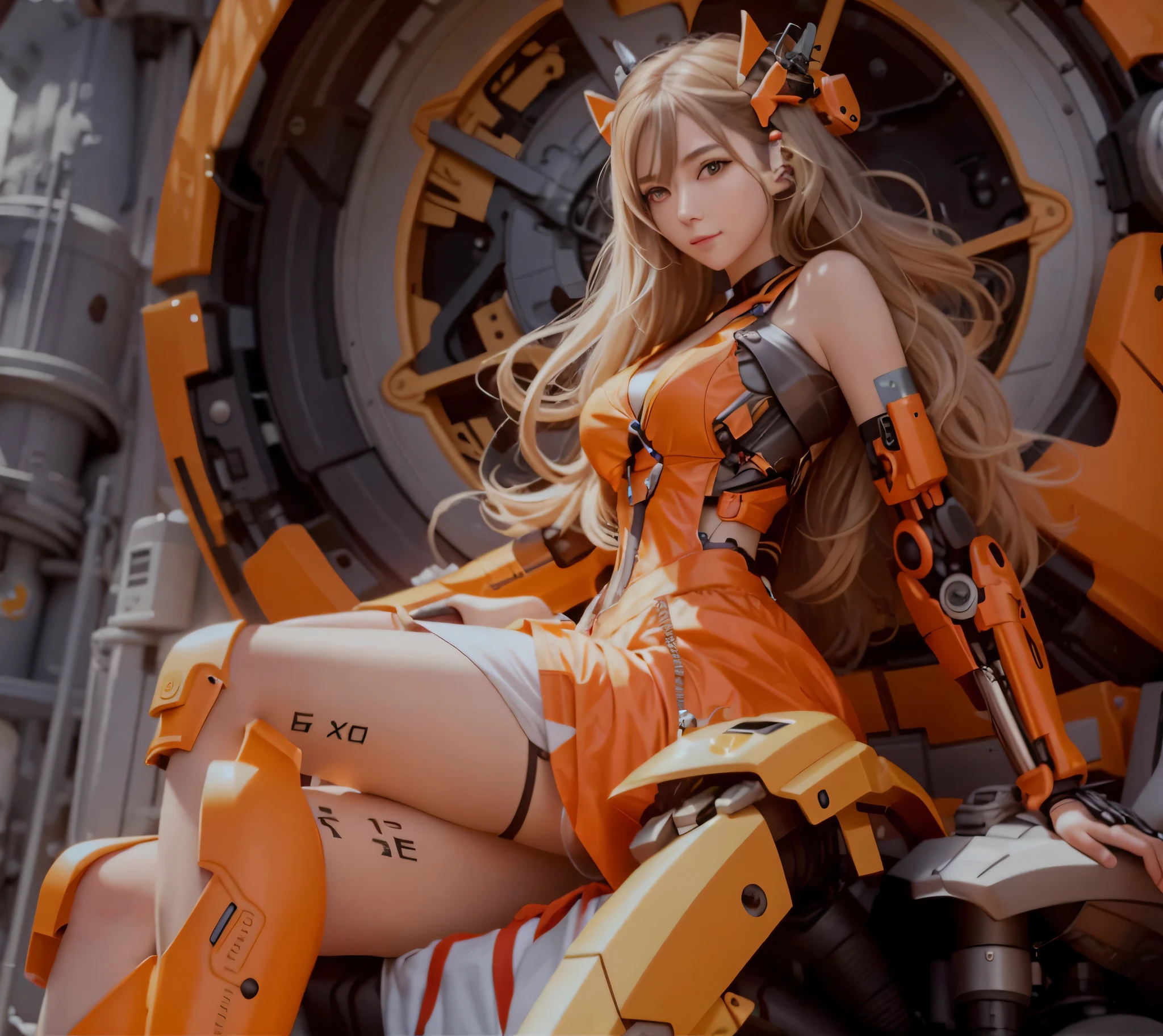 There is a woman in costume sitting on a motorcycle, anime girl cosplay, popular in CGSTATION, anime robot with organic mix, popular on CGSTATION, perfect robot girl, mecha network armor girl, anime mecha aesthetic, anime cosplay, cyberpunk anime girl mecha, mechanized Valkyrie girl, Asuka Lanli Sol dragon, Asuka Shanglan Li Solyu, face focus, short hair