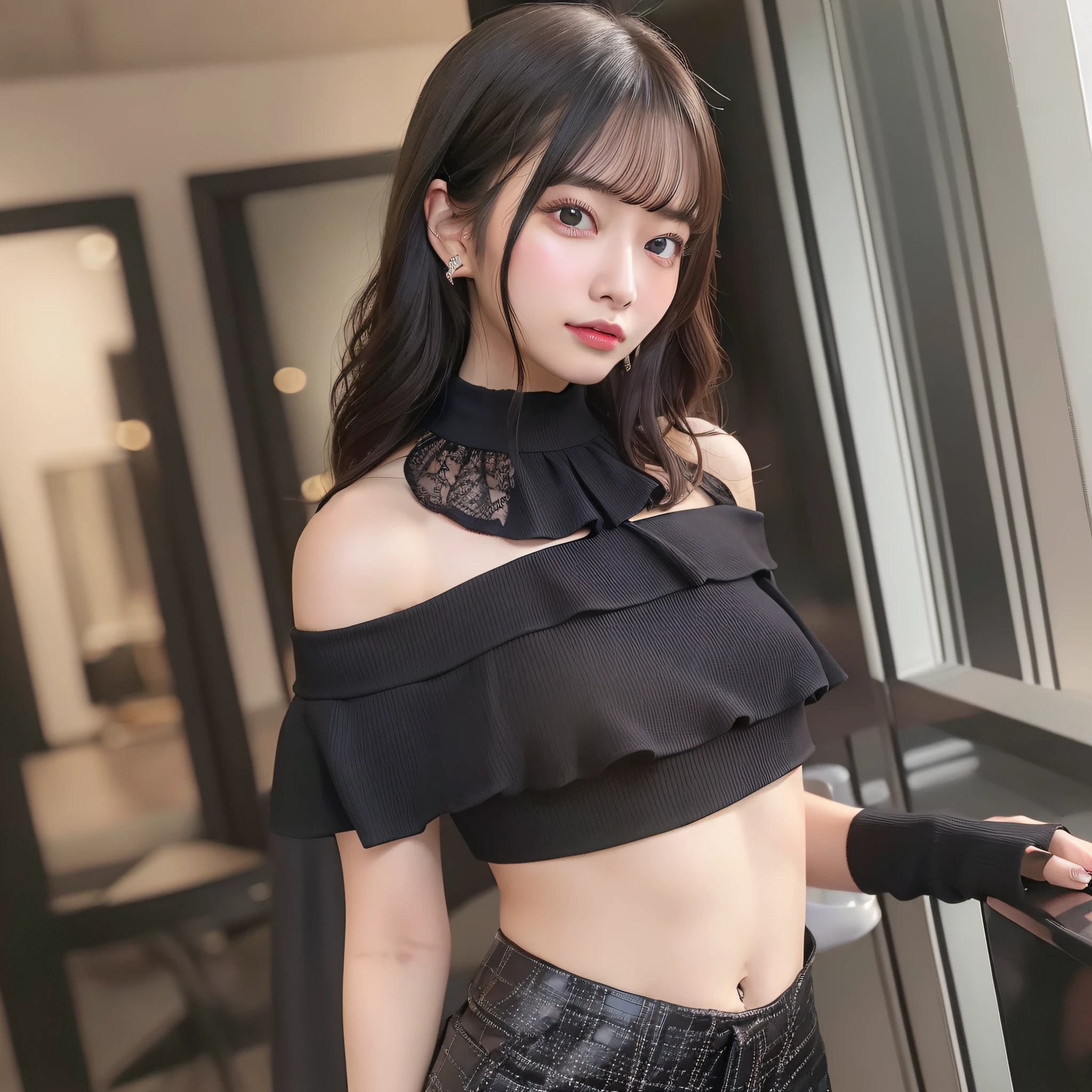 best quality, ultra high res, (idol), (photorealistic: 2), 1girl, (cropped off-shoulder blouse, pants, black wavy hair), (small breasts: 1.8), in coffee