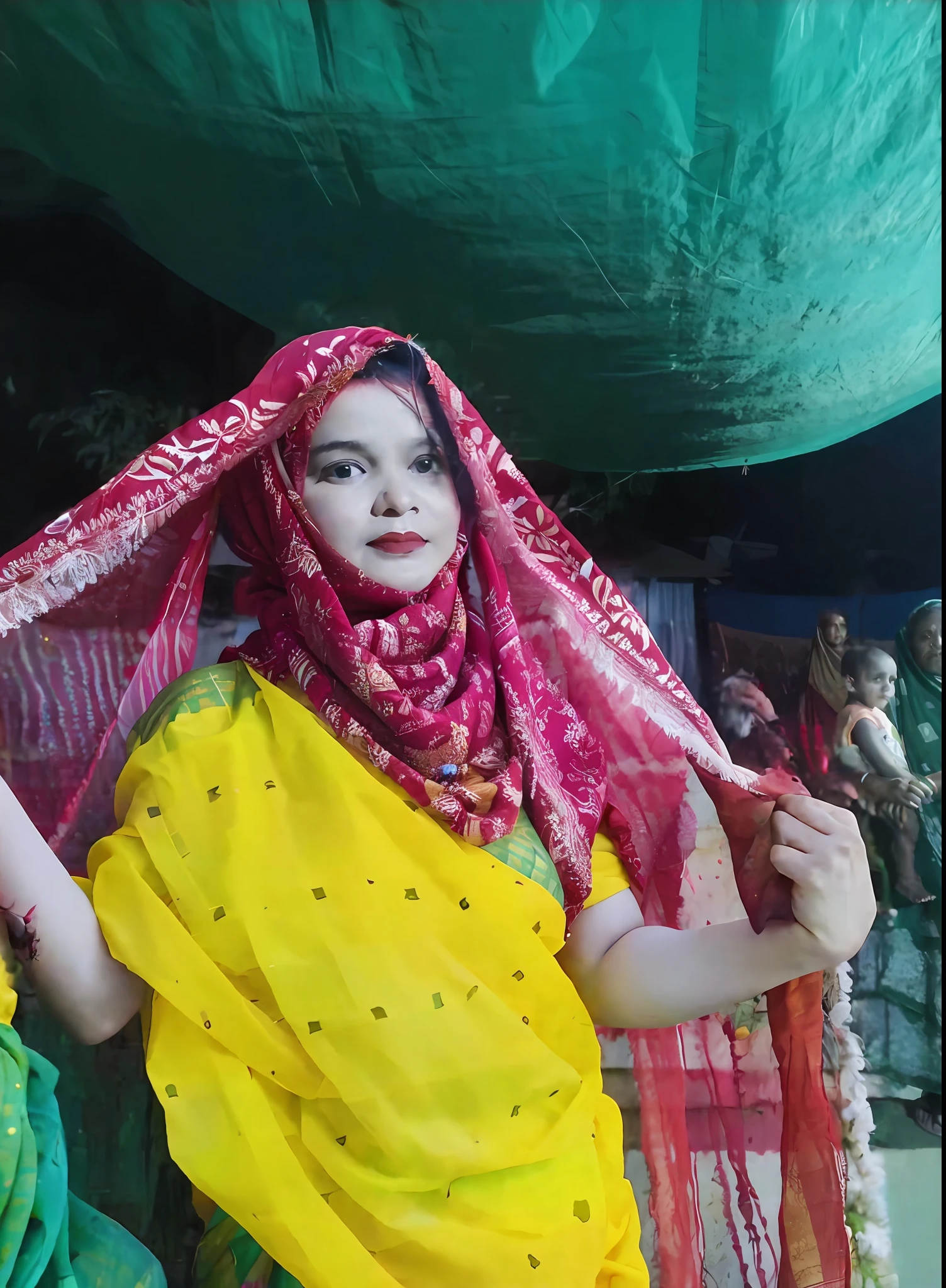araffe dressed in a colorful sari and veil standing in a crowd, wearing traditional garb, dressed in a sari, traditional beauty, wearing bihu dress mekhela sador, with yellow cloths, wearing sari, traditional makeup, assamese aesthetic, wearing a sari, traditional dress, taken with the best dlsr camera, traditional clothes, in costume.anime style,covered area