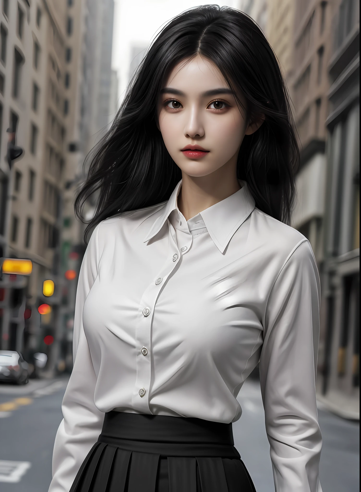 1girl, ((upper body, narrow waist, girl, black hair)), (front view, from front), looking at viewer, Best quality, masterpiece, ultra high res, (photorealistic:1.4), 8k, clean, (incredibly absurdres, ultra-detailed,CG ,unity ,8k wallpaper), (detailed face :1.4),(beautiful detailed eyes :1.2),(detailed hair), light on face, cinematic lighting, perfect face, lips, adult, solo, black businessman suit, white collared shirt, black skirt,(( wheaten skin, real skin))