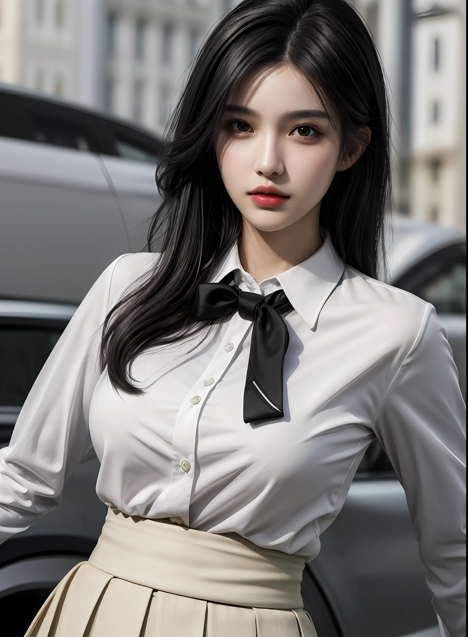 1girl, ((upper body, narrow waist, girl, black hair)), (front view, from front), looking at viewer, Best quality, masterpiece, ultra high res, (photorealistic:1.4), 8k, clean, (incredibly absurdres, ultra-detailed,CG ,unity ,8k wallpaper), (detailed face :1.4),(beautiful detailed eyes :1.2),(detailed hair), light on face, cinematic lighting, perfect face, lips, adult, solo, black businessman suit, white collared shirt, black skirt,(( wheaten skin, real skin))