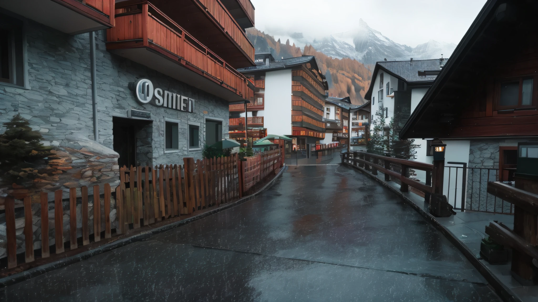 Walking in the Rain, Zermatt Switzerland, sunset, 8K resolution, high detail, artstation, detailed matte painting --uplight --auto --s2