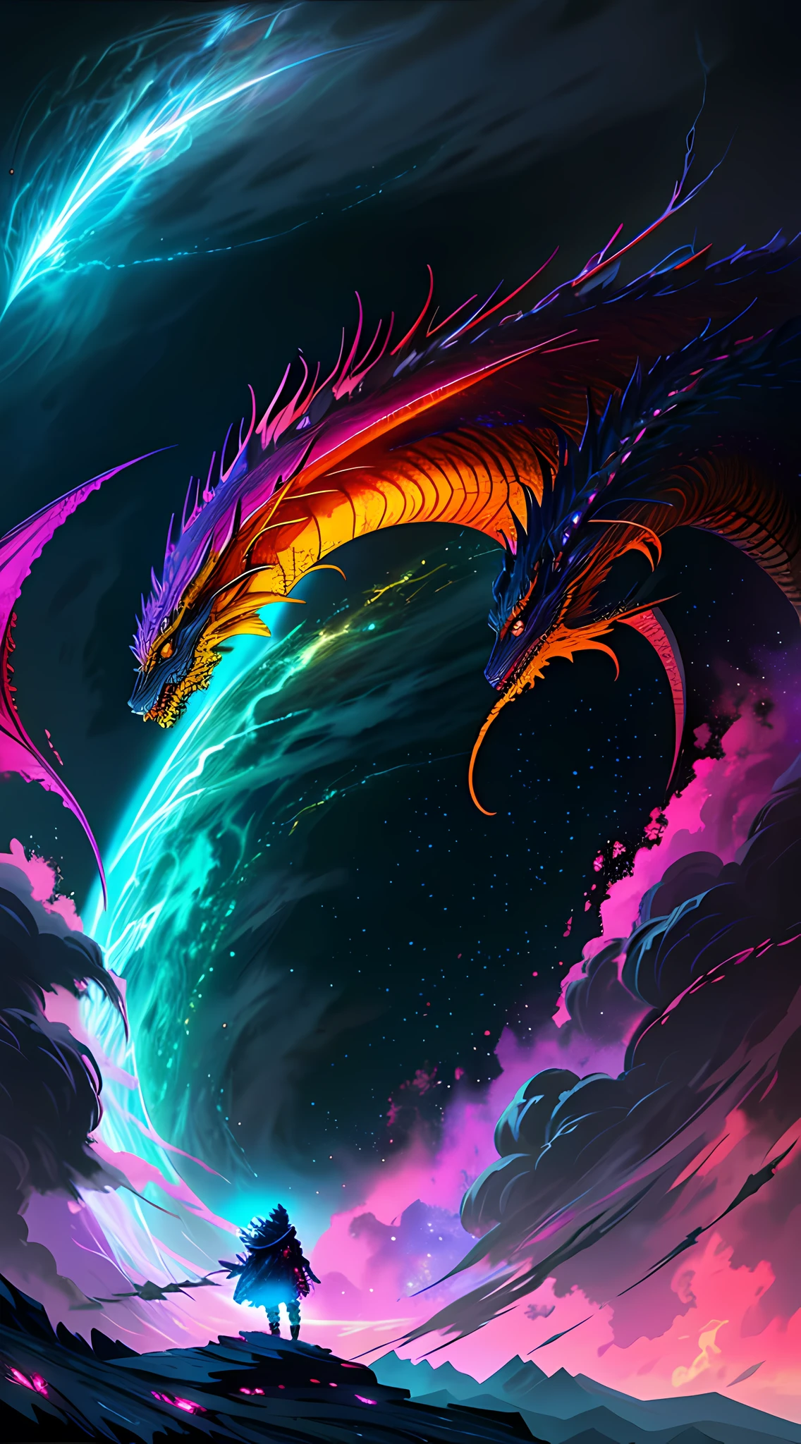 anime, a man standing in front of a giant dragon, storm dragon, fractal thunder dan mumford, epic fantasy digital art style, colossal dragon as background, epic dragon, epic fantasy art style hd, lightning dragons attack, epic fantasy art style, crystal dragon, amazing wallpaper, colossal dragon in background, legendary dragon, 4k detailed digital art, frost dragon
