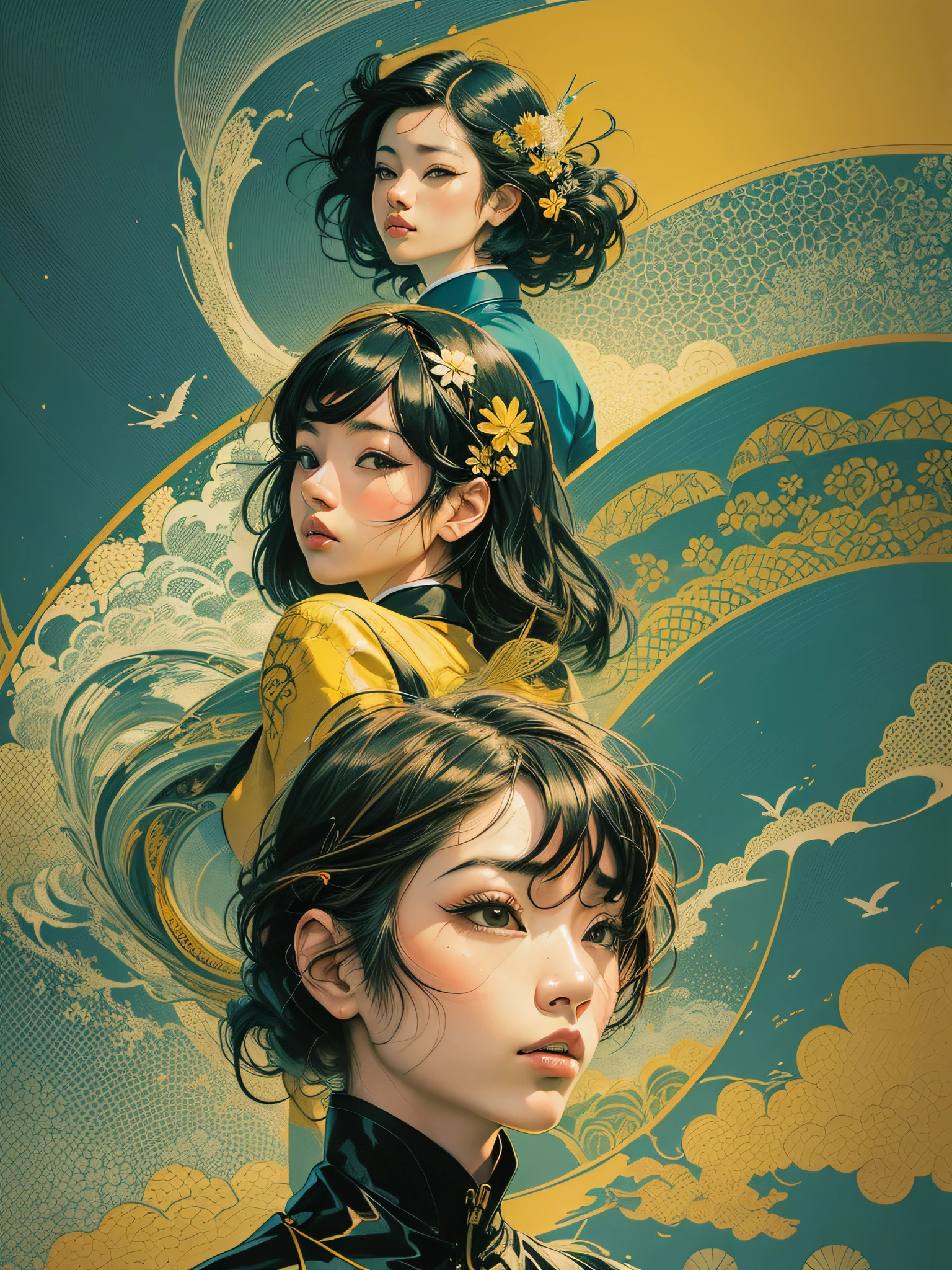 Vietnamese girl, primary colors with white highlights, half tone, close-up portrait, hair blown by the wind, Hokusai wave background, ukiyo-e style by Tomer Hanuka and Atey Ghailan and Roy Lichtenstein and Maxfield Parrish, expressive, in the style of official art, gorecore, koi fish and avian-themed, dark yellow and light black, oshare kei, full body.Vector, Cell shade,