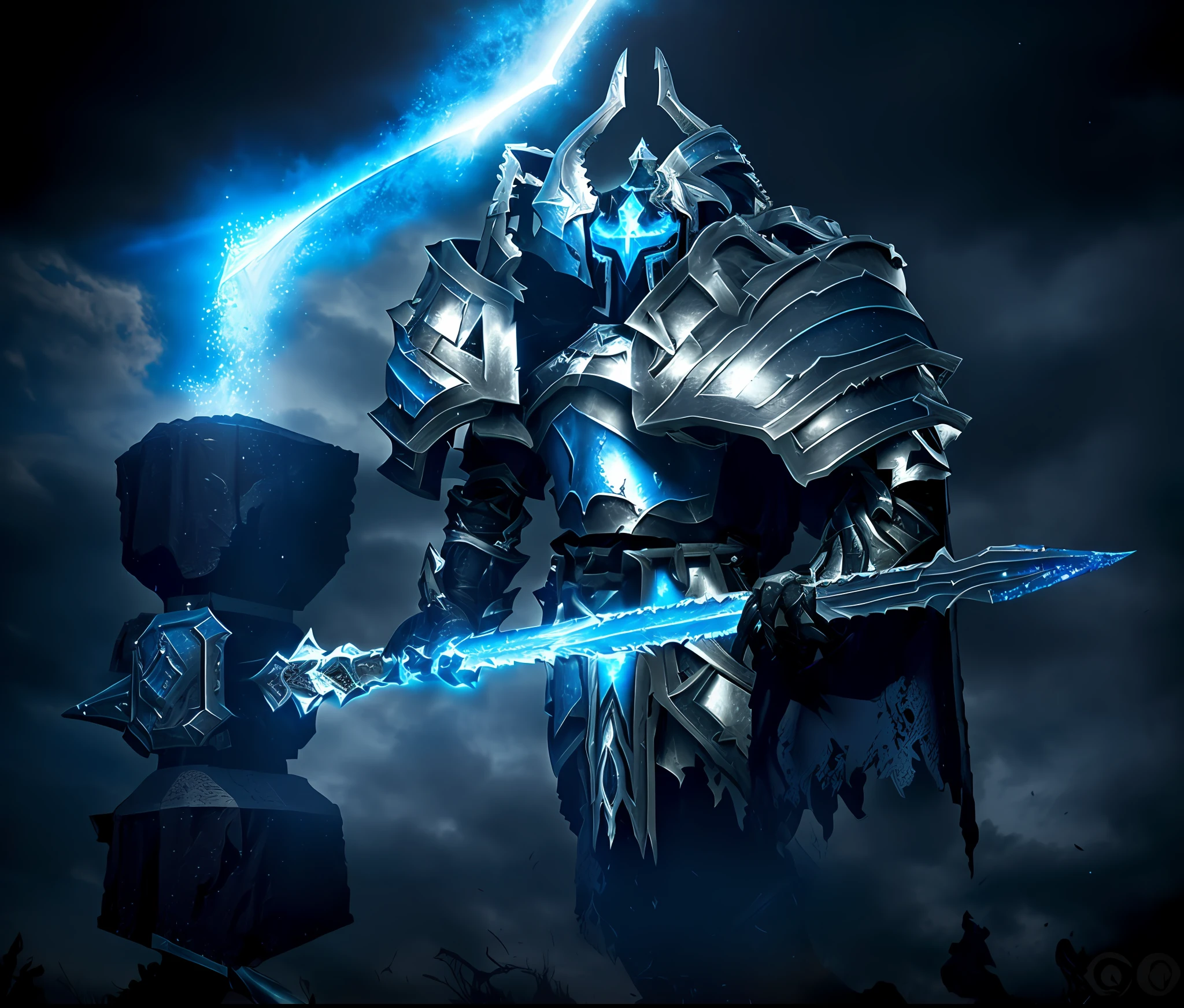 a close up of a knight with a sword and armor, grimdark paladin, deathknight, death knight, epic paladin armor, with leviathan axe, darksiders style, paladin armor, undead knight, sliver ice color reflected armor, arthas, blue armor, warrior platinum armor, blue and ice silver color armor, with sleek silver metal armor