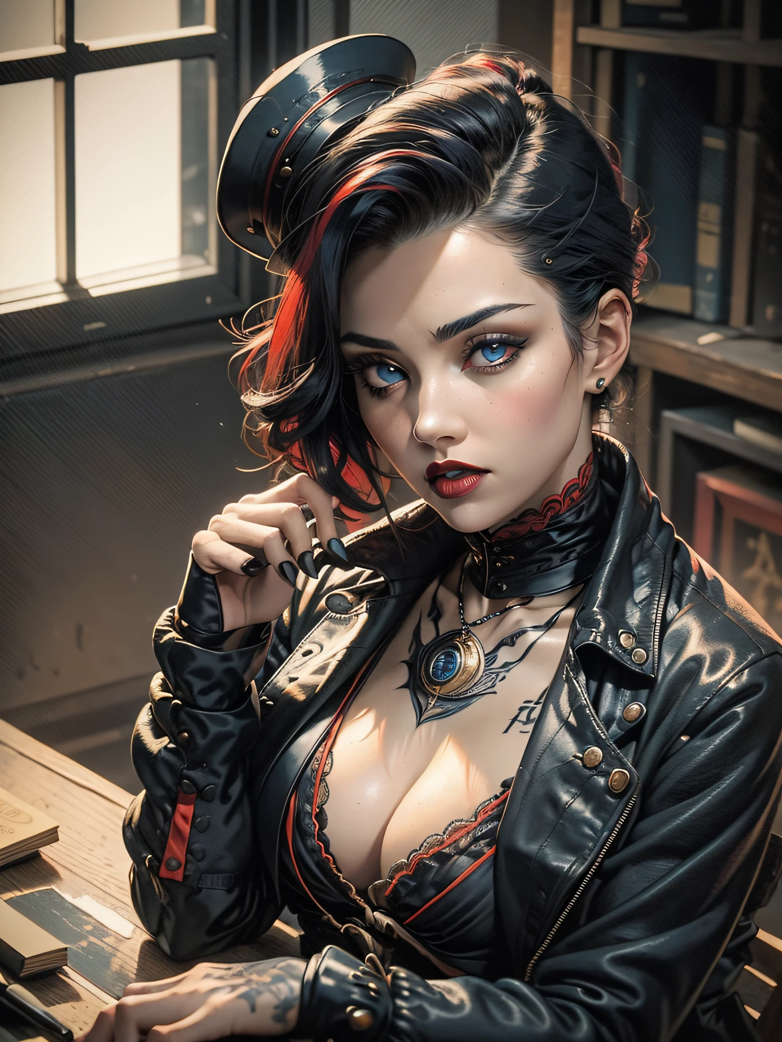 Gang leader, woman, London 1814 year, overcast, sitting at the table in her office, athletic physique, neckline, tattoos on torso, ((black-red vintage clothing:1.5)), matte top hat, black coat, sly look, roughened appearance, cinematic, cannon 6d, octane render, vintage aesthetic, mysterious aura, dark atmosphere, detailed face, mysterious aura, bright skin, short black hair, detailed intense blue eyes, arched eyebrows, dark makeup, full lips, dark red lipstick