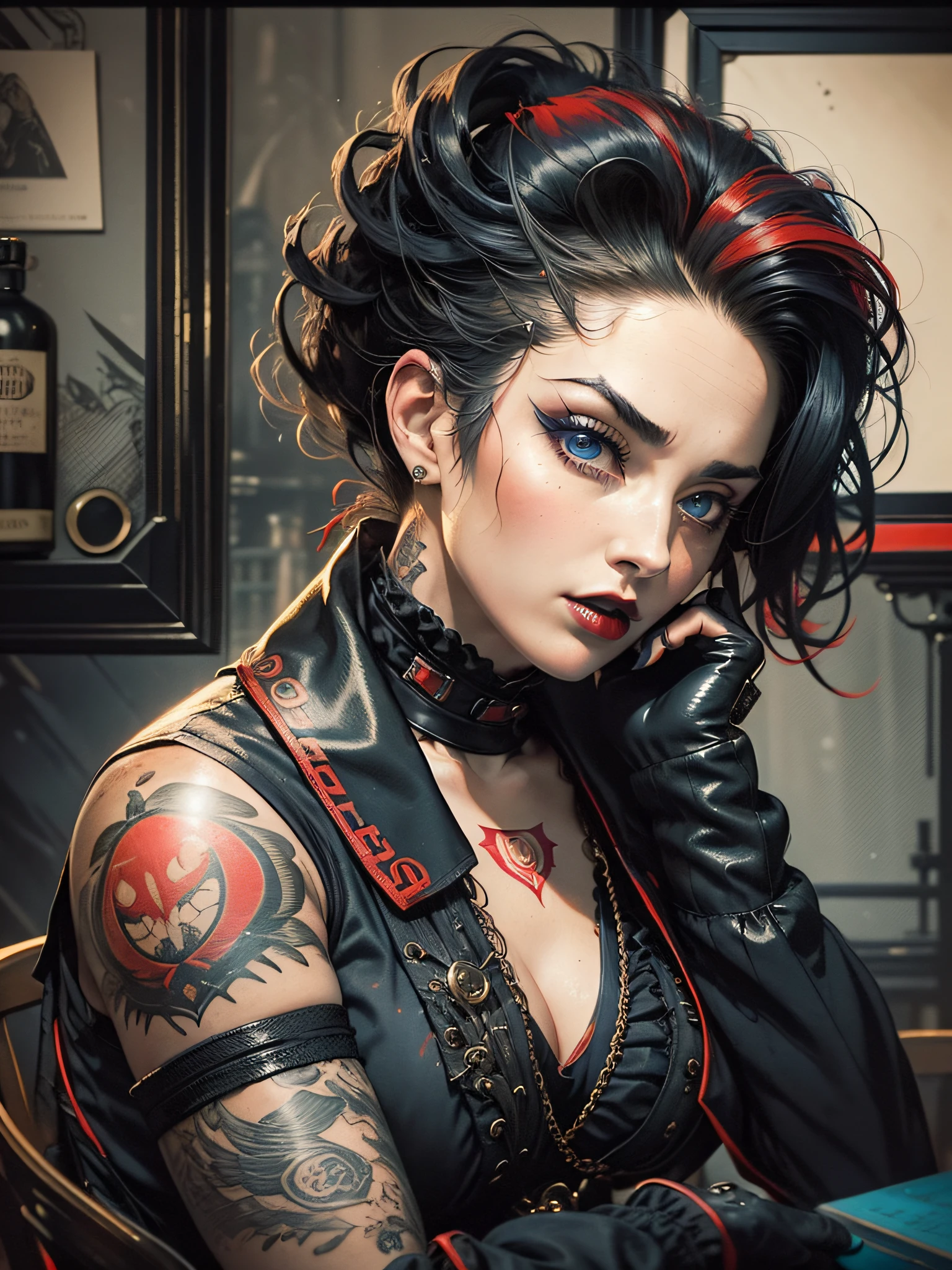 Gang leader, woman, London 1814 year, overcast, sitting at the table in her office, athletic physique, neckline, tattoos on torso, ((black-red vintage clothing:1.5)), matte top hat, black coat, sly look, roughened appearance, cinematic, cannon 6d, octane render, vintage aesthetic, mysterious aura, dark atmosphere, detailed face, mysterious aura, bright skin, short black hair, detailed intense blue eyes, arched eyebrows, dark makeup, full lips, dark red lipstick