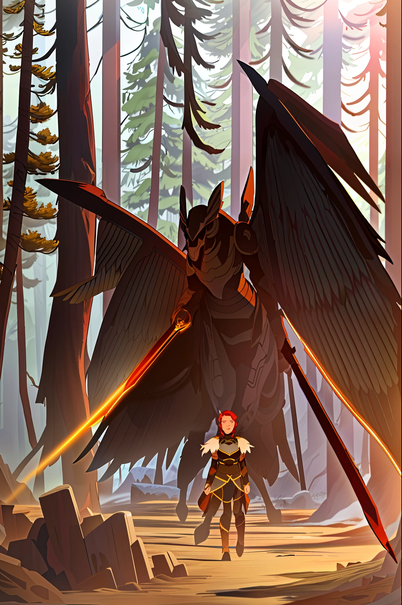 (8k) (many details)young woman, soil, short hair, red hair, wings, armor, spear, forest