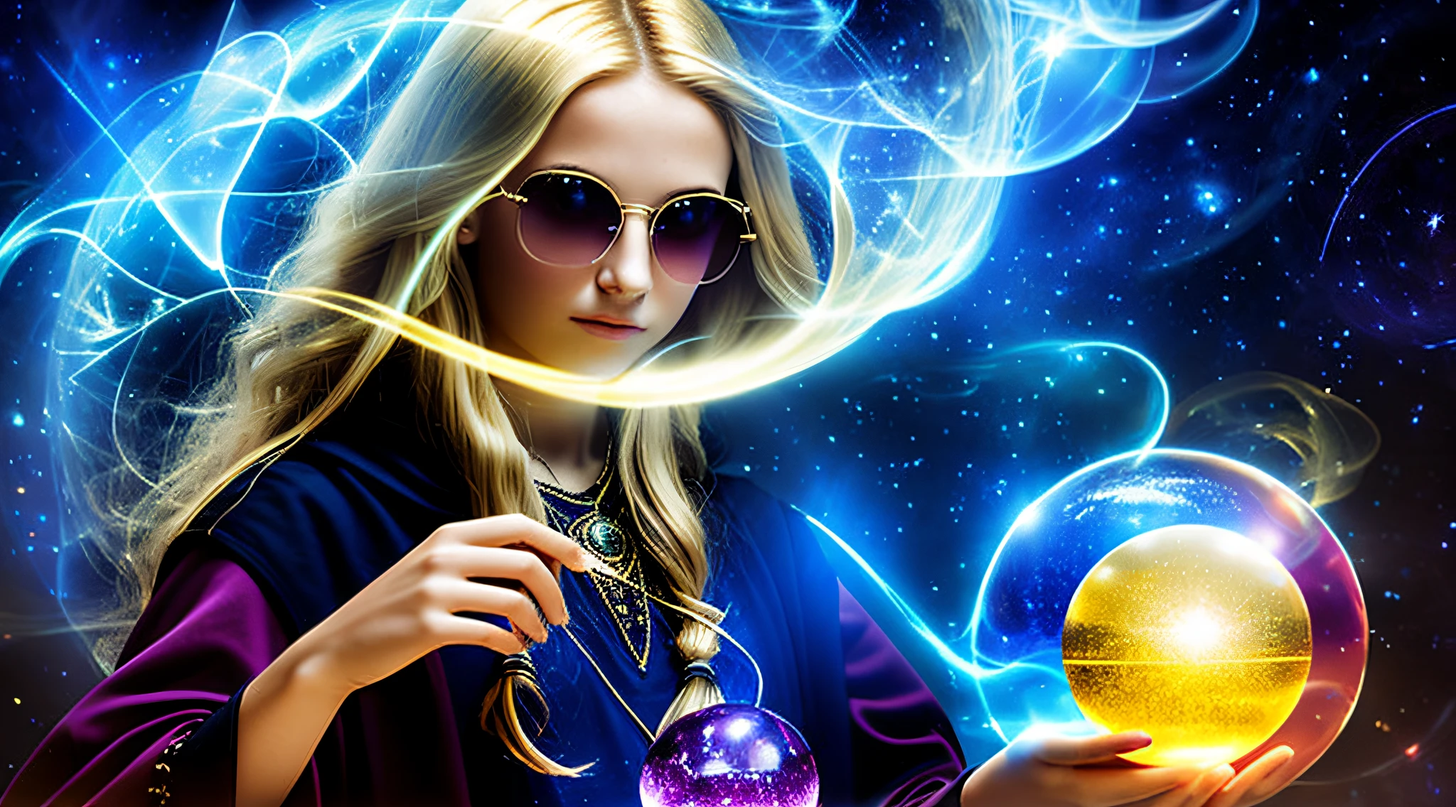 BLOOD-COLORED FIRE-COLORED BACKGROUND, 14-YEAR-OLD GIRL WITH SUNGLASSES, WITH LONG BLONDE HAIR, holding a blue ball in her hands with smoke AND RAYS coming out of it,.crystal ball, holding a crystal ball, casting a protective spell, holding a glowing orb, spell-casting mage, casting spells,  the orb of truth, casting a powerful spell, holding a glowing orb of dice, a woman holding an orb, emitting psychic powers, hands holding large glowing orbs,
