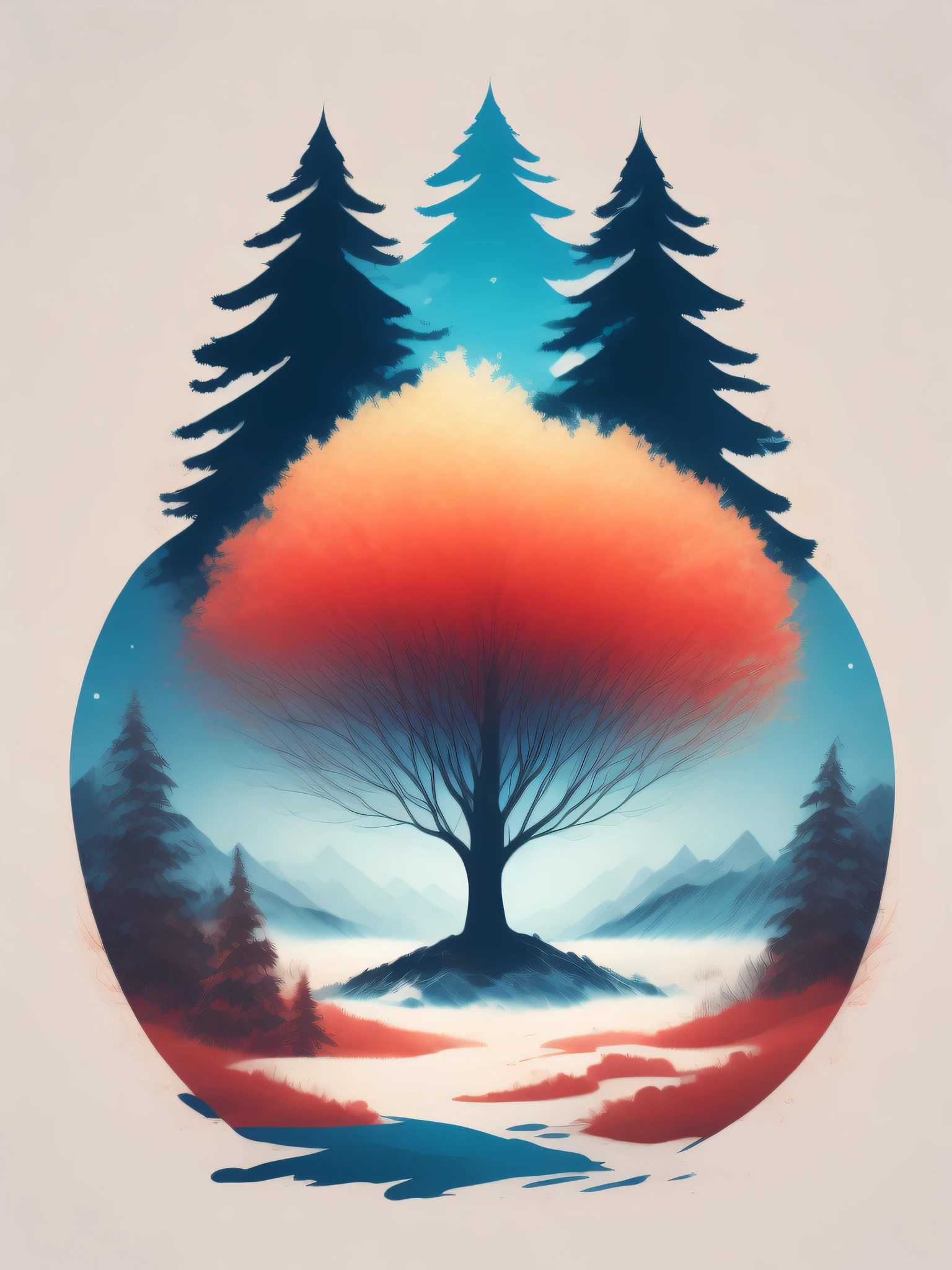 a spruice tree in a winter landscape, tshirt design, rzminjourney, vector-art