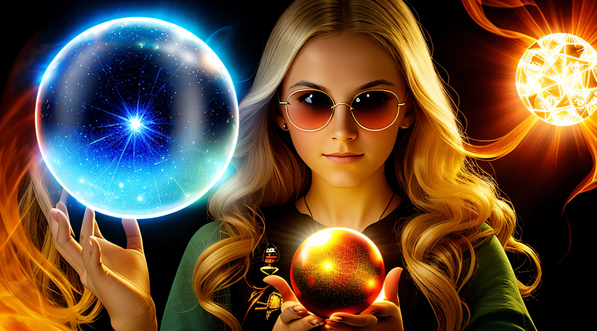 BLOOD-COLORED FIRE-COLORED BACKGROUND, WITH SUNGLASSES, WITH LONG BLONDE HAIR, holding a blue ball in her hands with smoke AND RAYS coming out of it,.crystal ball, holding a crystal ball, casting a protective spell, holding a glowing orb, spell-casting mage, casting spells, the orb of truth, casting a powerful spell, holding a glowing orb of dice, a woman holding an orb, emitting psychic powers, hands holding large glowing orbs,