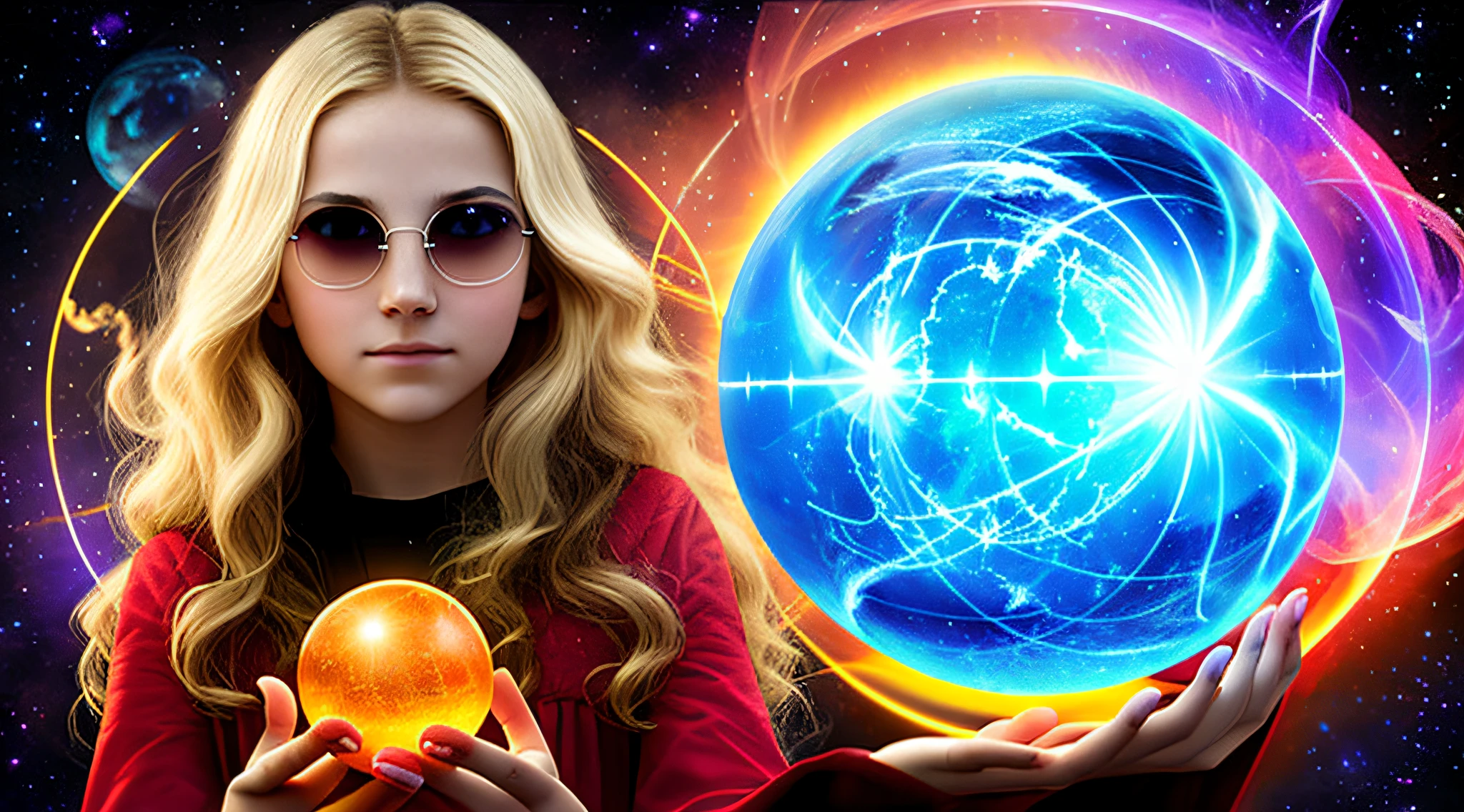 BLOOD-COLORED FIRE-COLORED BACKGROUND, 14-YEAR-OLD GIRL WITH SUNGLASSES, WITH LONG BLONDE HAIR, holding a blue ball in her hands with smoke AND RAYS coming out of it,.crystal ball, holding a crystal ball, casting a protective spell, holding a glowing orb, spell-casting mage, casting spells,  the orb of truth, casting a powerful spell, holding a glowing orb of dice, a woman holding an orb, emitting psychic powers, hands holding large glowing orbs,
