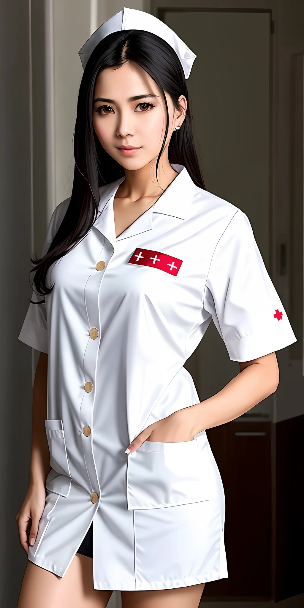 Nurse white uniform Exposed Good figure Black hair Straight hair No smile Legs exposed Large chest