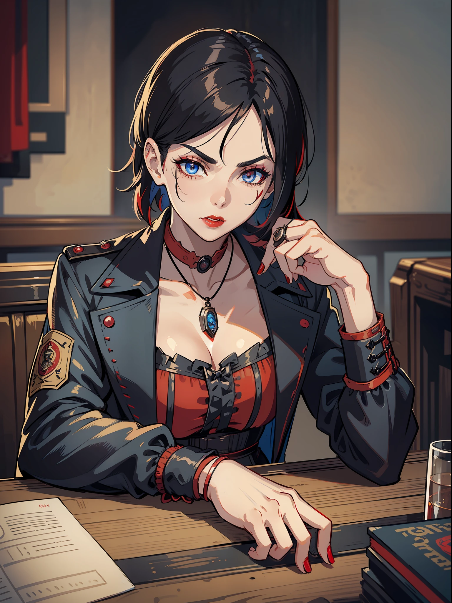 Gang leader, woman, London 1814 year, overcast, sitting at the table in her office, athletic physique, neckline, tattoos on torso, ((black-red vintage clothing:1.5)), matte top hat, black coat, sly look, roughened appearance, cinematic, cannon 6d, octane render, vintage aesthetic, mysterious aura, dark atmosphere, detailed face, mysterious aura, bright skin, short black hair, detailed intense blue eyes, arched eyebrows, dark makeup, full lips, dark red lipstick