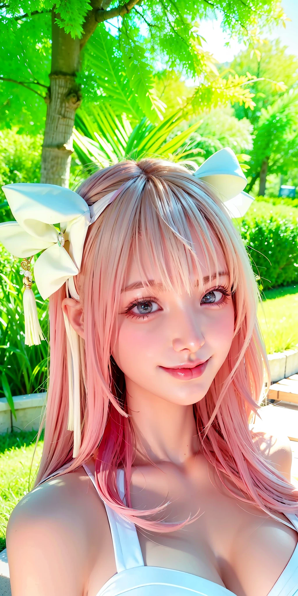 (8k, 4k, best quality, highres:1.2), (maasterpiece, realistic, photo realistic:1.37), 1girl, solo, beautiful face, eyelashes, nose, glossy lips, (detailed eyes, looking at viewer, fair skin, white skin:1.5), fine complexion, upper body,
large breasts, busty,, (nude:1.5),
outdoor onsen,
two side up, absurdly long hair, blonde hair, pink hair, bangs, hair ornament, bow,
younger, aged down,