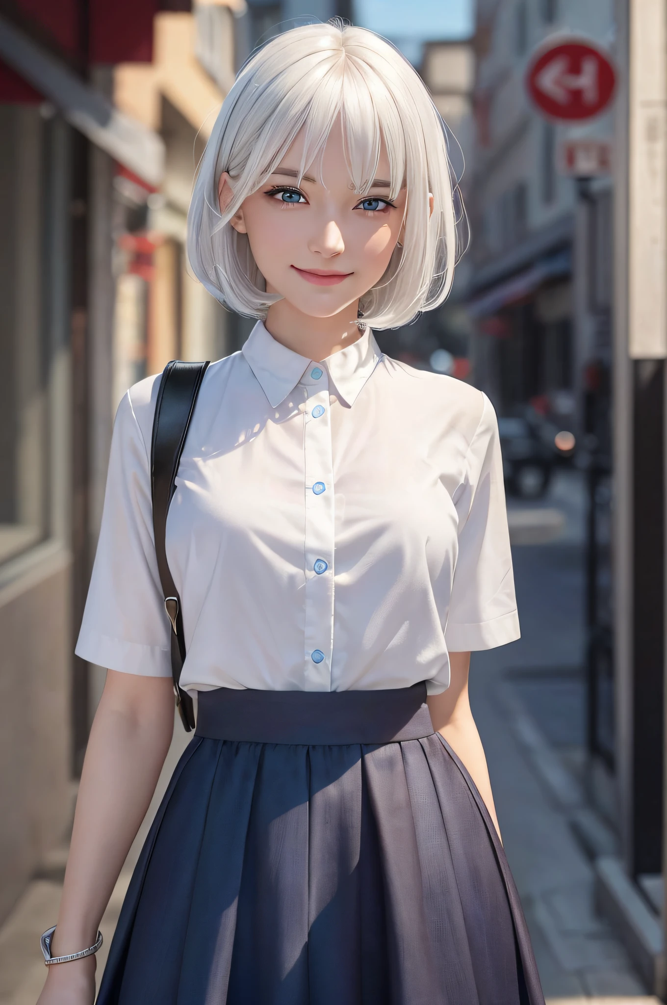 (RAW Photos: 1.2), (Photorealistic: 1.4), (Masterpieces: 1.3), (Best Quality: 1.4), Ultra High Resolution, (Detailed Eye Features), (Detailed Facial Features), (Detailed Clothing Features), (Detailed Skirt Features), HDR, 8k Resolution, Solo Focus, Bangs, (Slender Beauty), 18 years old, No Letters, Bob Hair, Short Hair, White Hair, Blue Eyes, One Womansmiling face