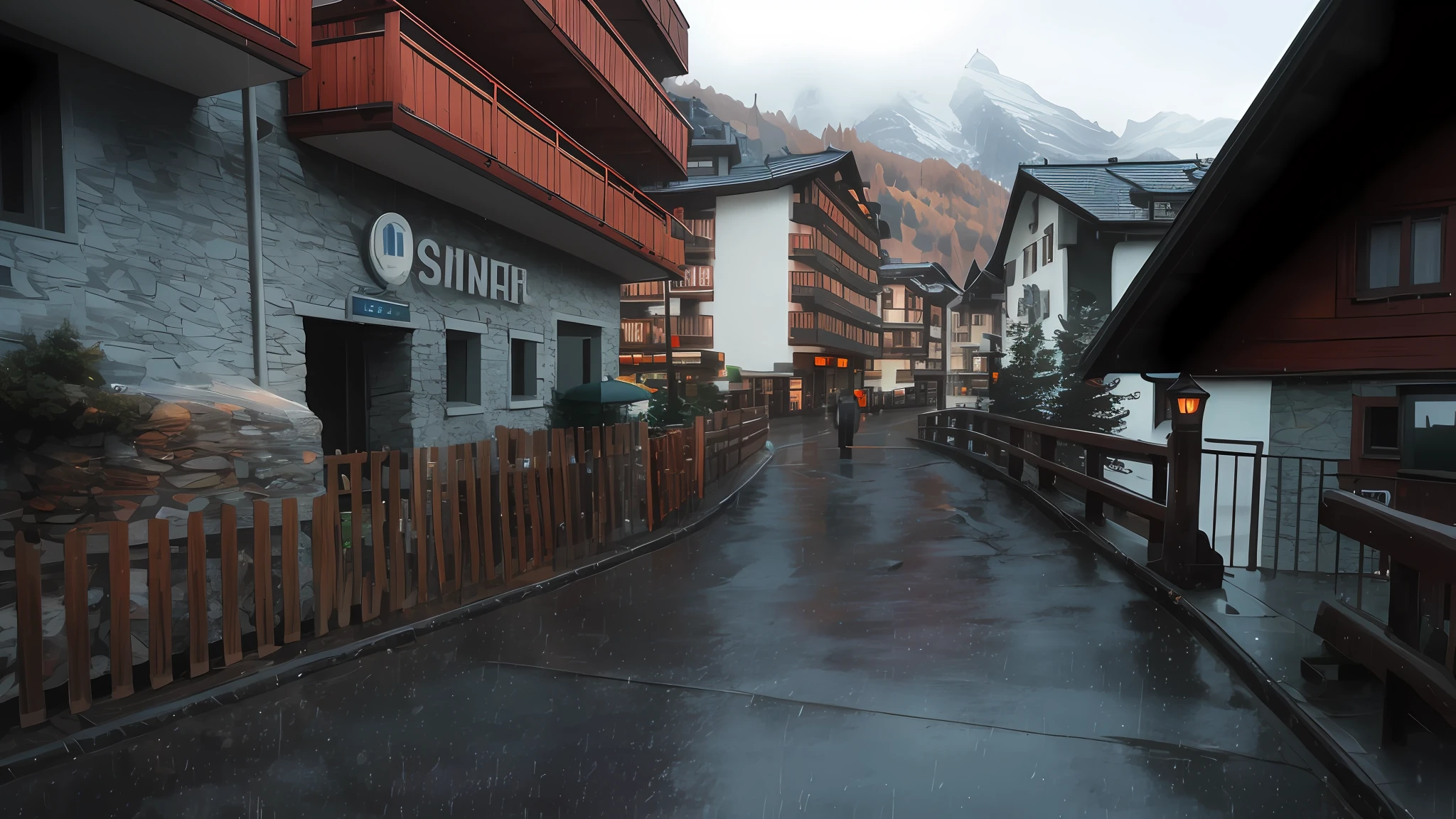 Walking in the rain, Zermatt Switzerland, sunset, 8K resolution, high detail, artstation, detailed matte painting --uplight --auto --s2