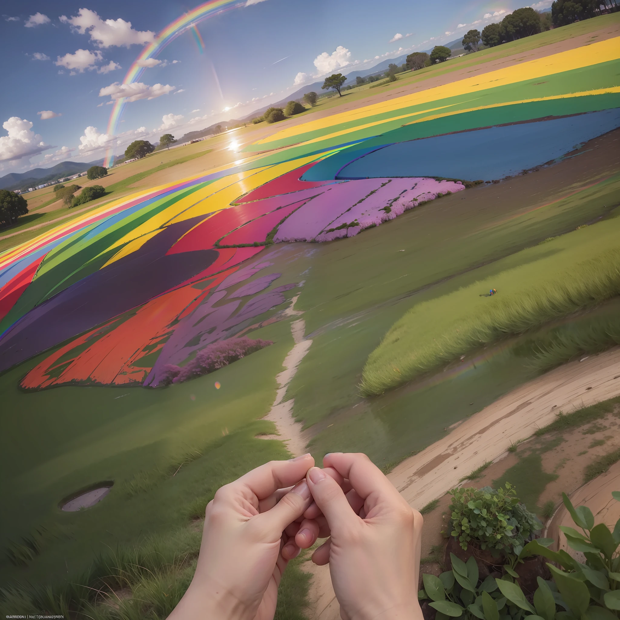 (rainbow inside one hand), (bright rainbow), (people of various colors and nationalities smiling), (people holding hands), (people dressed), (clothes with rainbow colors), (hyper-realistic), (photo-realistic), (LGBTQIA+), best quality, ultra-detailed, extremely detailed, vibrant, with very diverse skin tones, rainbow colors, in a beautiful landscape, with clear sky, sunlight, and peaceful atmosphere. ) --auto --s2
