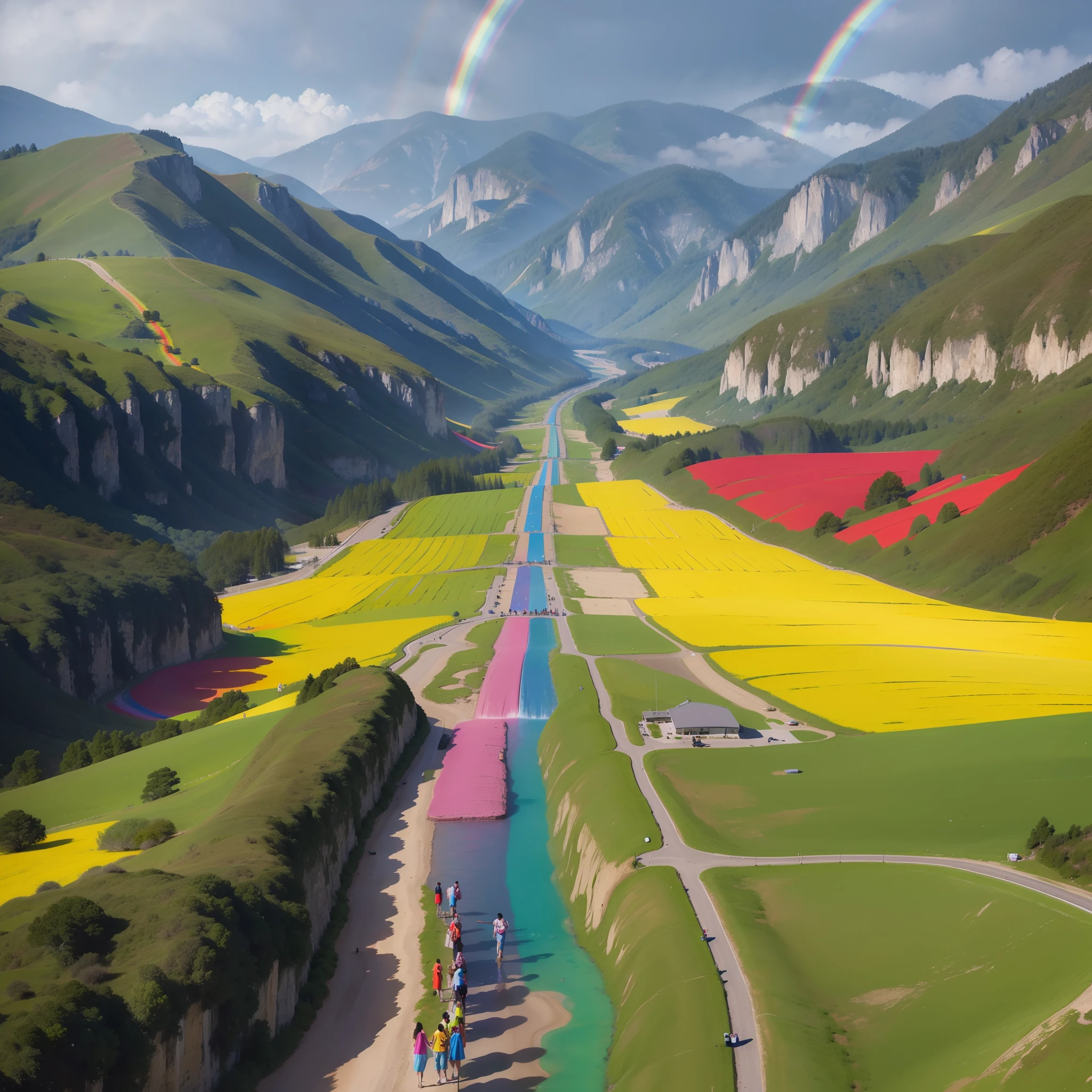 (rainbow inside one hand), (bright rainbow), (people of various colors and nationalities smiling), (people holding hands), (people dressed), (clothes with rainbow colors), (hyper-realistic), (photo-realistic), (LGBTQIA+), best quality, ultra-detailed, extremely detailed, vibrant, with very diverse skin tones, rainbow colors, in a beautiful landscape, with clear sky, sunlight, and peaceful atmosphere. ) --auto --s2