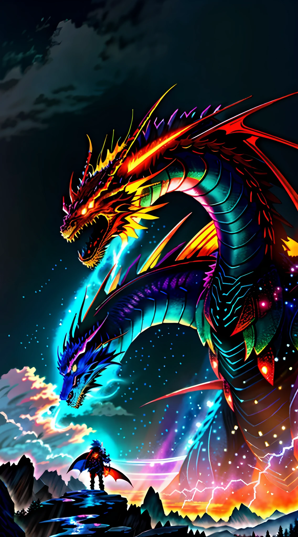 anime, a man standing in front of a giant dragon, storm dragon, fractal thunder dan mumford, epic fantasy digital art style, colossal dragon as background, epic dragon, epic fantasy art style hd, lightning dragons attack, epic fantasy art style, crystal dragon, amazing wallpaper, colossal dragon in background, legendary dragon, 4k detailed digital art, frost dragon