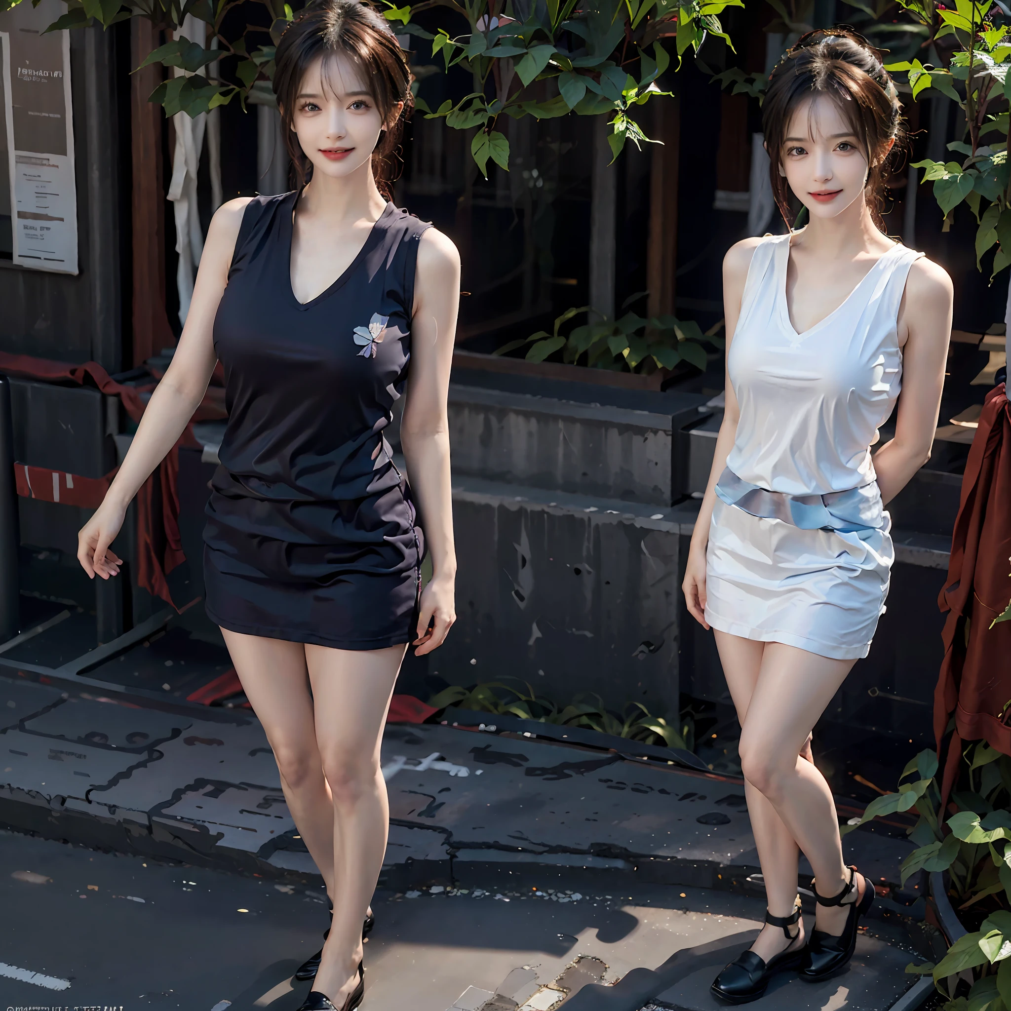 (photorealistic:1.4),(detailed eyes:1.3),(realistic, photo-realistic:1.37),(Medium view:1.5),(Half body),1girl,best quality,ultra-high res,Tokyo street,Vest,long Colour hair,waist,Smile,Slim,Night,
