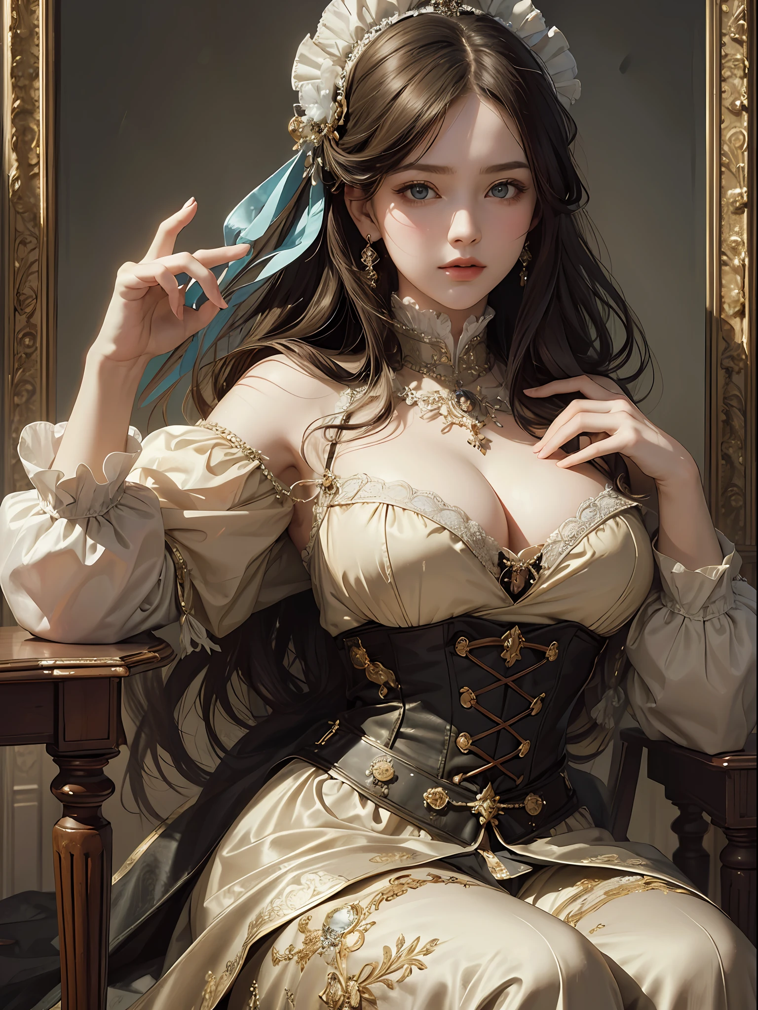 (Pure Color: 0.9), (Color: 1.1), (Masterpiece: 1,2), Top Quality, Masterpiece, High Resolution, Original, Highly Detailed Wallpaper, Beauty, Victorian, Dress, Melancholy, Big Breasts, Sepia Color, 40 years old --auto --s2