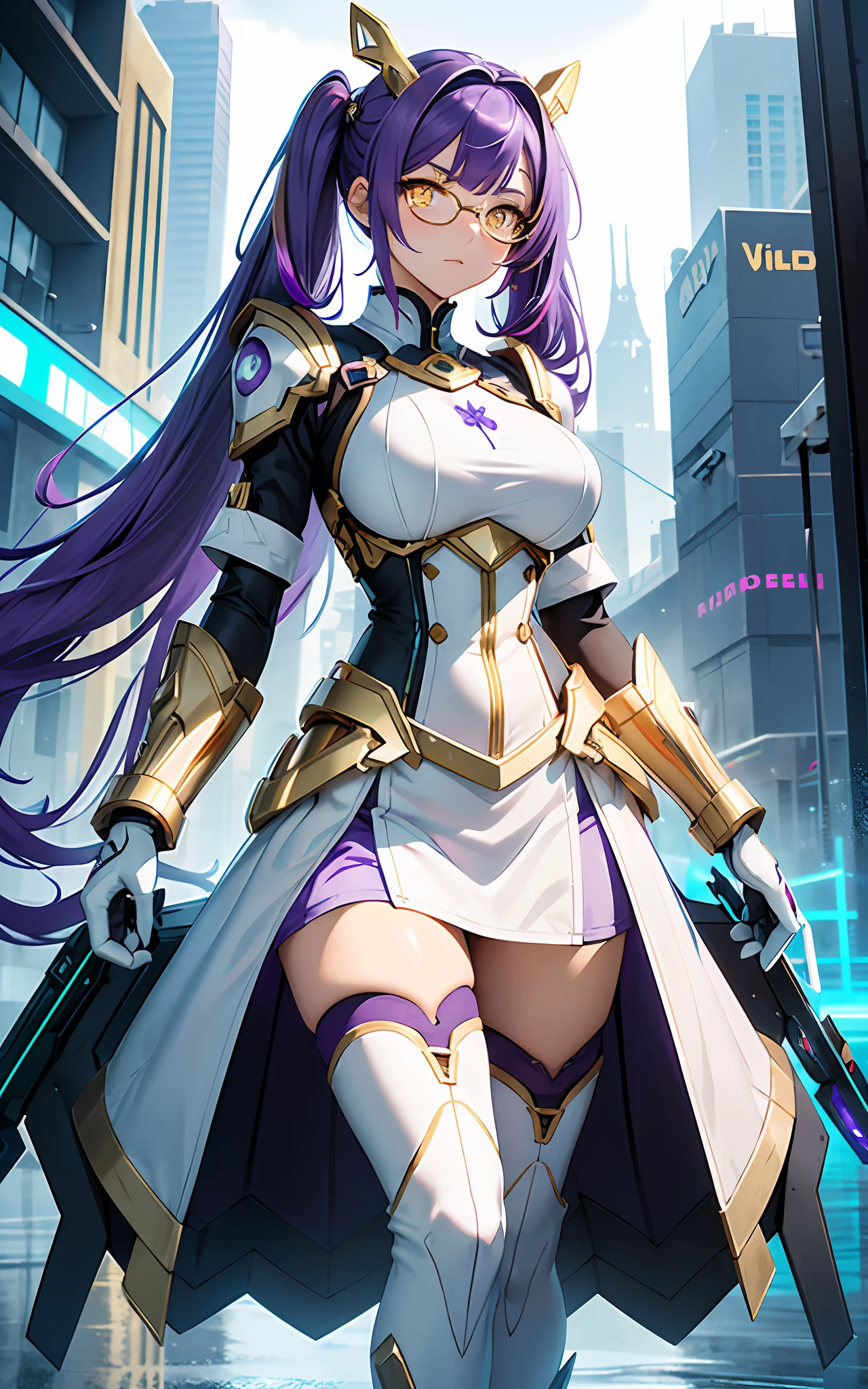 ({best quality}),(Ultra Fine),(full detail),single girl,alone,19 years old,well_developed curves,curvaceous_body,hourglass_figure,perspective,beautiful_face,high_quality_outfits,futuristic_outfits,silght_blush,full_body,full detail face,protective outfits,Honkai_Impact;
(Violet hair:1.5),indigo hair tips,violet (helix-shaped twintails:1.1),two long fin-shaped white hairclips,pointing upwards;(golden eyes:1.8),( white hilted pupils:1.4),golden holographic one-piece goggle glasses on eyes;one hexagon aqua locket on breast;
Futuristic battlesuit,armored battlesuit,combat ready,covering all body,fitting body curves,white electronic shoulder bracers,black long slender sleeves,ceramic mechanic white arm bracers with aqua trims,black gloves,white tanktop with aqua trim,black armored corset,two aqua buttons,aqua zipper along corset,white waistband with four gadget holsters,an aqua stripe framing breast,(white scifi armor dress,knee-length hems),(,white and aqua-edged armor tassets),(white pantyhose) with hexagon aqua linings,silver waistband with gadget holsters,knee bracers;silver mechanic boots,heeled boots; White mechanic backpack on back;
Rainy weather,night,stormy sky in background,heavy rain weather,raindrop on face,floating in midair,overlooking city from midair,calm expression,vigilat gaze,stretching hands,standing,looking forwards