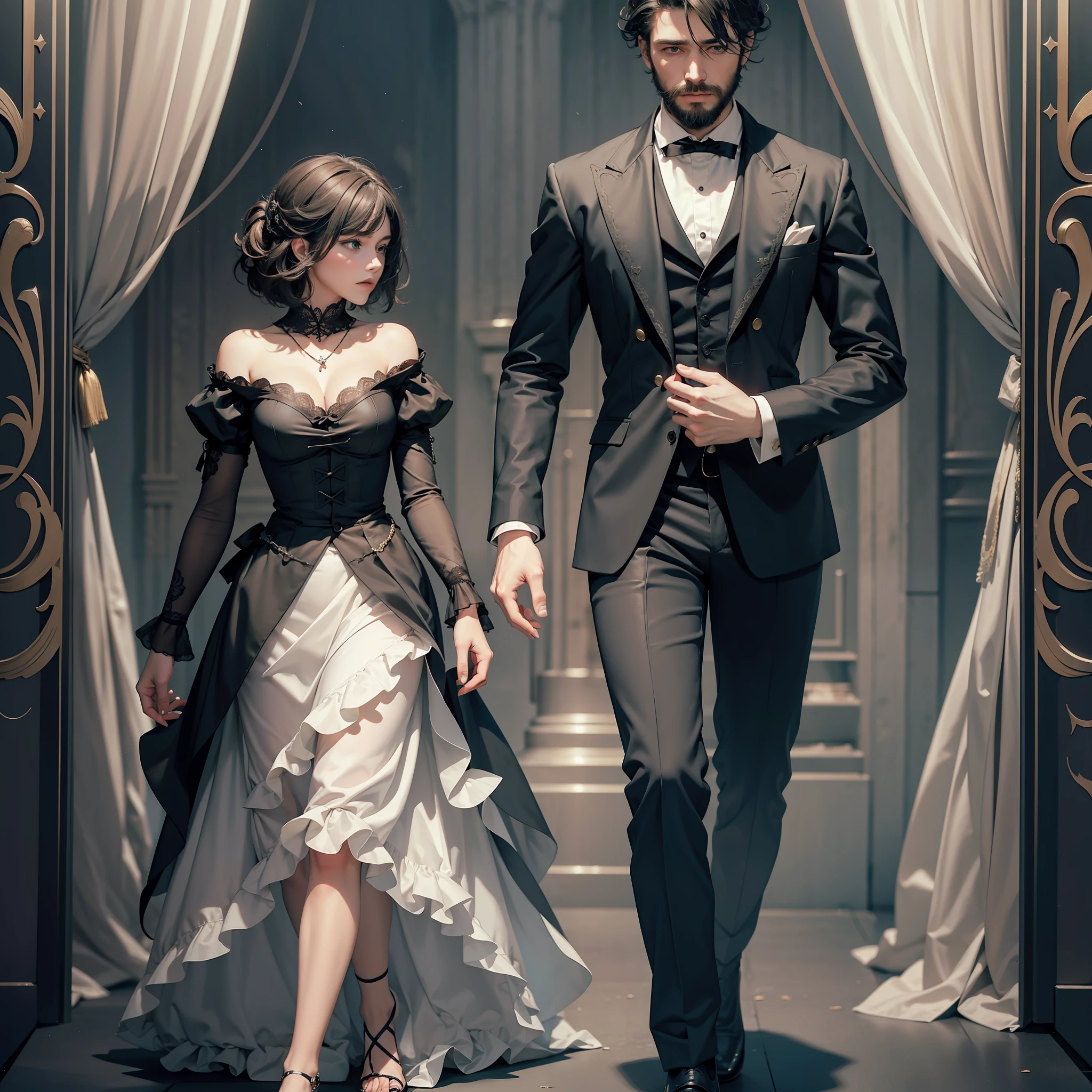 Official art, unity 8k wallpaper, super detailed, beautiful, beautiful, masterpiece, best quality, darkness, atmosphere, mystery, romanticism, scary, literature, art, fashion, victorian, decoration, complexities, hardware, lace, contemplation, emotional depth, supernatural, A bearded boy, and a girl with curly short hair, two people, neck, (full body composition)