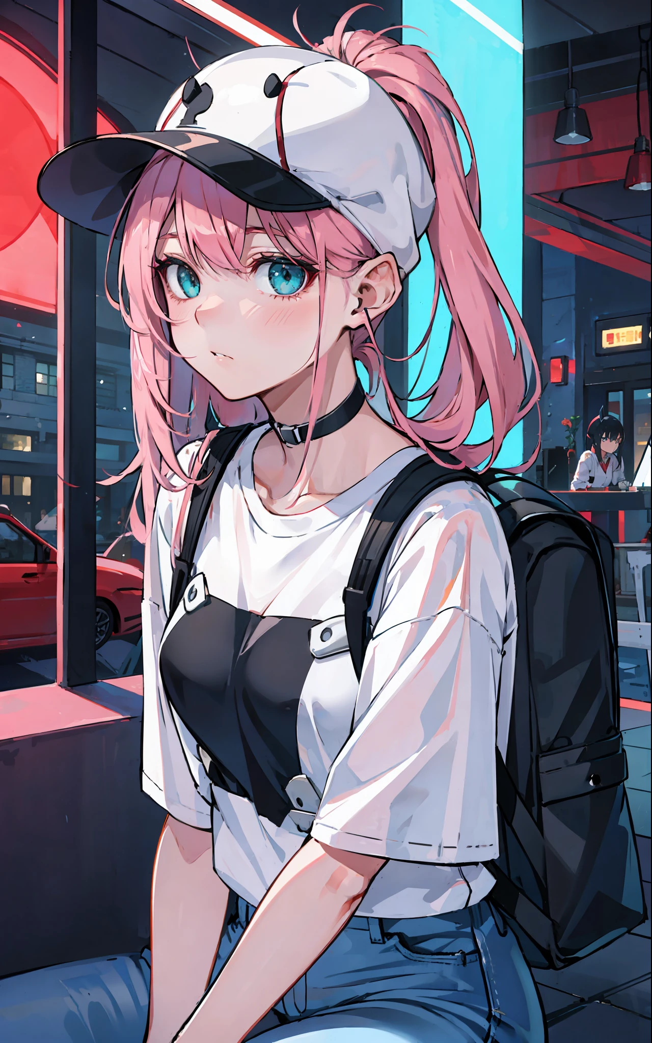 zero two \(darling in franxx\), darling in franxx, 1girl, closed mouth, bangs, black cap, bite, shadow, green eyes, hair behind head, horns, long hair, looking at the viewer, big thighs, makeup, small breasts, white shirt, jeans, black choker, black backpack,pink hair, red eyeshadow, science fiction, tight skin, solo, sea, blue sky