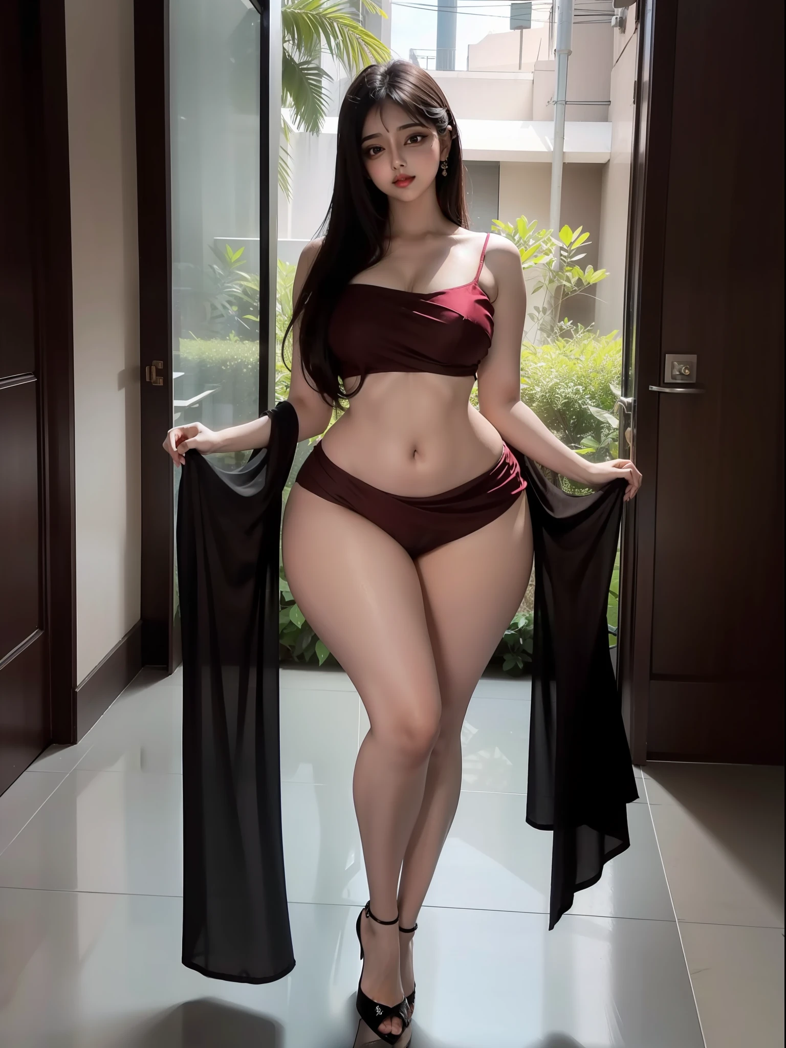 Nude indian women in saree, 1 girl,  thick thighs, legs, pubic hair, large breasts, high heels, big ass, beautiful face, ((good proportion)), alluring body, [perfect eyes], seducing, looking at the viewer