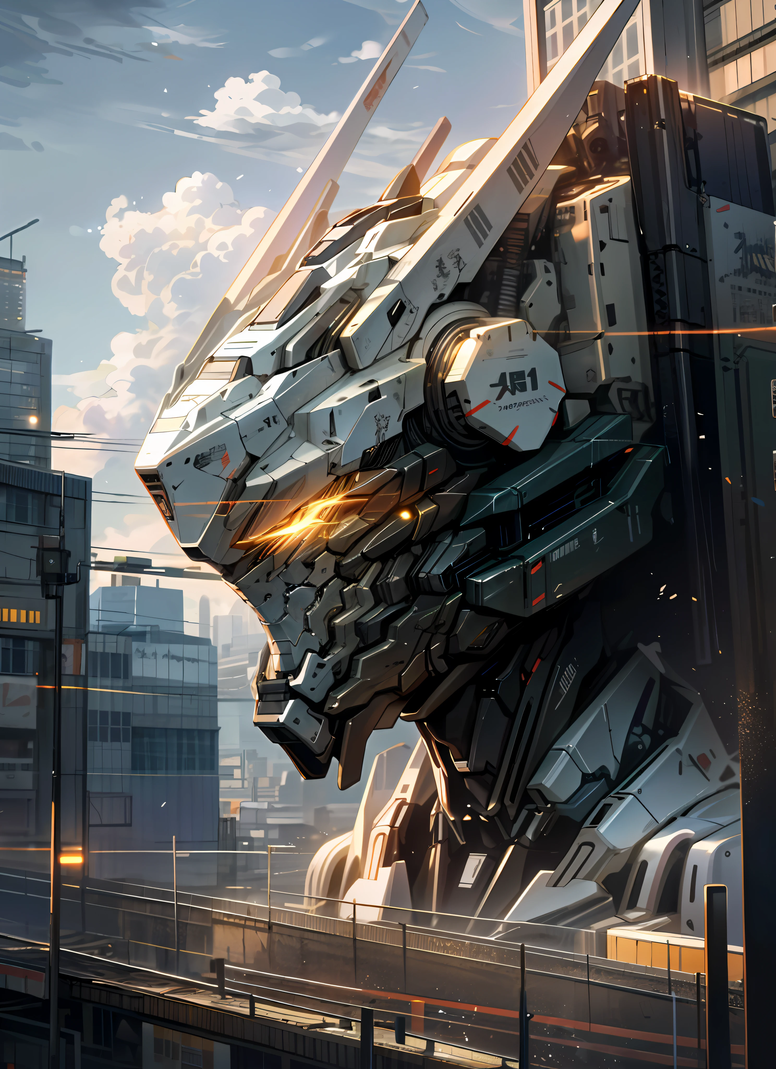 sky, cloud, holding_weapon, no_humans, glowing, , robot, building, glowing_eyes, mecha, science_fiction, city, realistic,mecha
