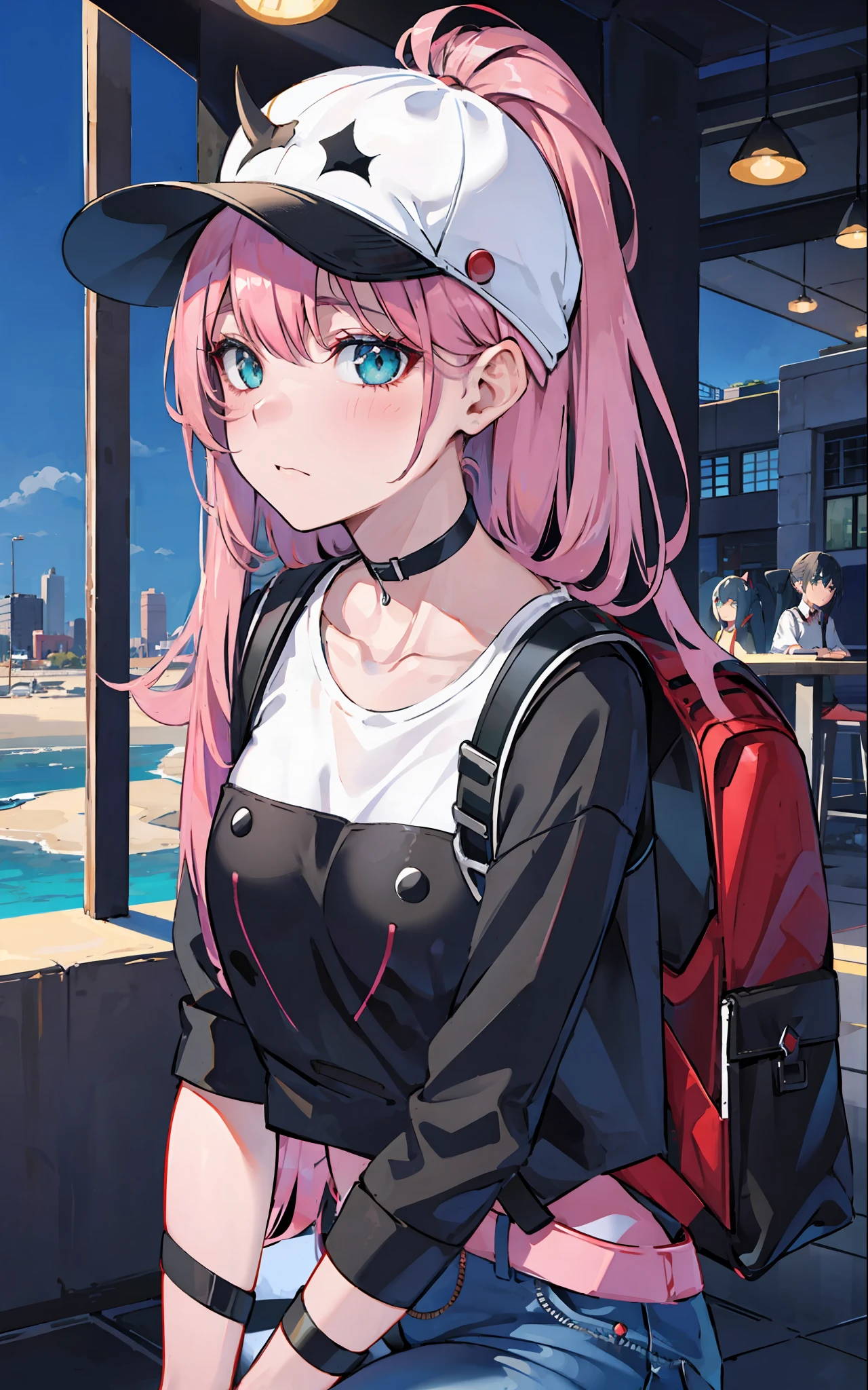 zero two \(darling in franxx\), darling in franxx, 1girl, closed mouth, bangs, black cap, bite, shadow, green eyes, hair behind head, horns, long hair, looking at the viewer, big thighs, makeup, small breasts, white shirt, jeans, black choker, black backpack,pink hair, red eyeshadow, science fiction, tight skin, solo, sea, blue sky