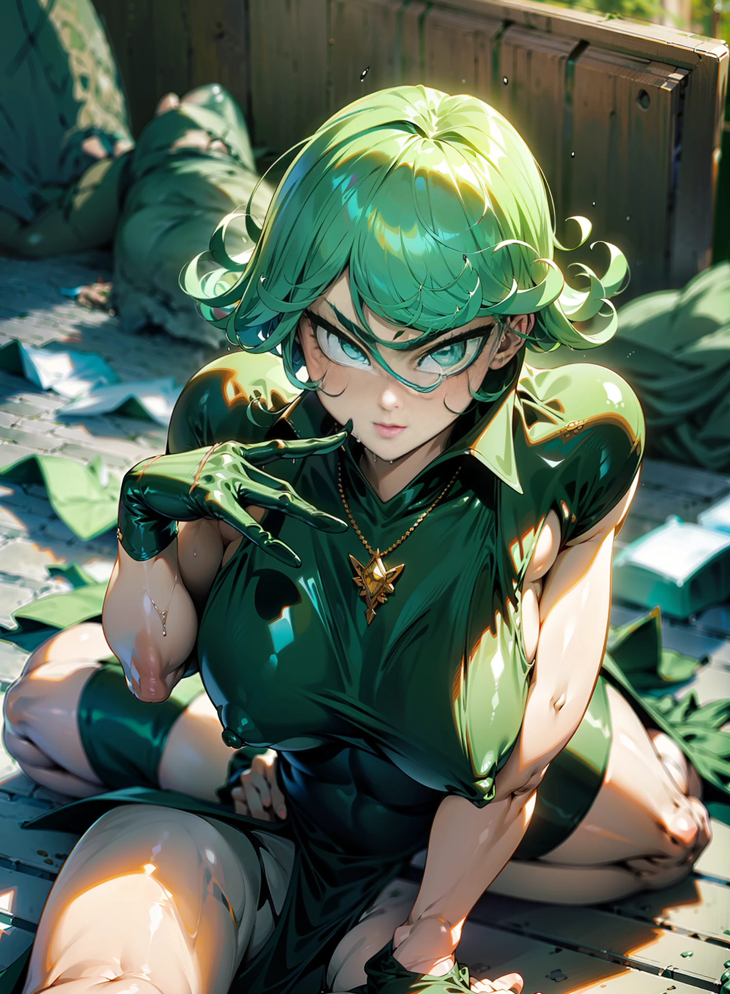 Anime-style face。 SGreen curls: 1.5, Slender legs, Smooth legs without the slightest folds。 Skinny black latex cleavage dress, tiny waist, Thin waist: 1.7,ultra realistic 8k cg, masterpiece, ((ultra detailed background, delicate pattern, intricate detail)), (highly detailed, fine details), best quality, (photorealistic:1.7),Greasy body, There is a body where lubricating oil flows down, Verism, Verism。 (NSFW:1.3), the perfect body. (sexy eyes) (seductive eyes) (clothes wet with water) (completely transparent plastic top) (suspender stockings, suspender stockings, high-gloss stockings) fleshy thighs tightened by high-gloss suspender stockings, huge soft breasts. Outermost transparent gauze on body, beautiful woman, surreal, 1 girl, ((facing the audience, hand caressing her chest)), (huge soft breasts, charming body: 1.8), sit-ups: 1.6, green hair: 1.9, (wet rain, rain wet, wet body: 1.9), painting, masterpiece, best quality, ultra-detailed, absurd, portrait beautiful, solo, earrings, jewelry, bikini, smile, sexy belt outfit, tank top, sky, day, swimwear, outdoors, gloves, necklace, transparent bikini, sexy, volumetric lighting, best quality, masterpiece, intricate details, realistic skin texture, pixiv, ultra-detailed, artstation trend,oilly skin, wet rosy skin thin waist: 1.6, Large, upturned breasts, transparent clothes, enormous breasts, anime characters, anatomically correct, textured skin。 (nsfw:1.3)enormous breasts, The picture is colorful, The brushstrokes of figure painting are multi-layered and rich。