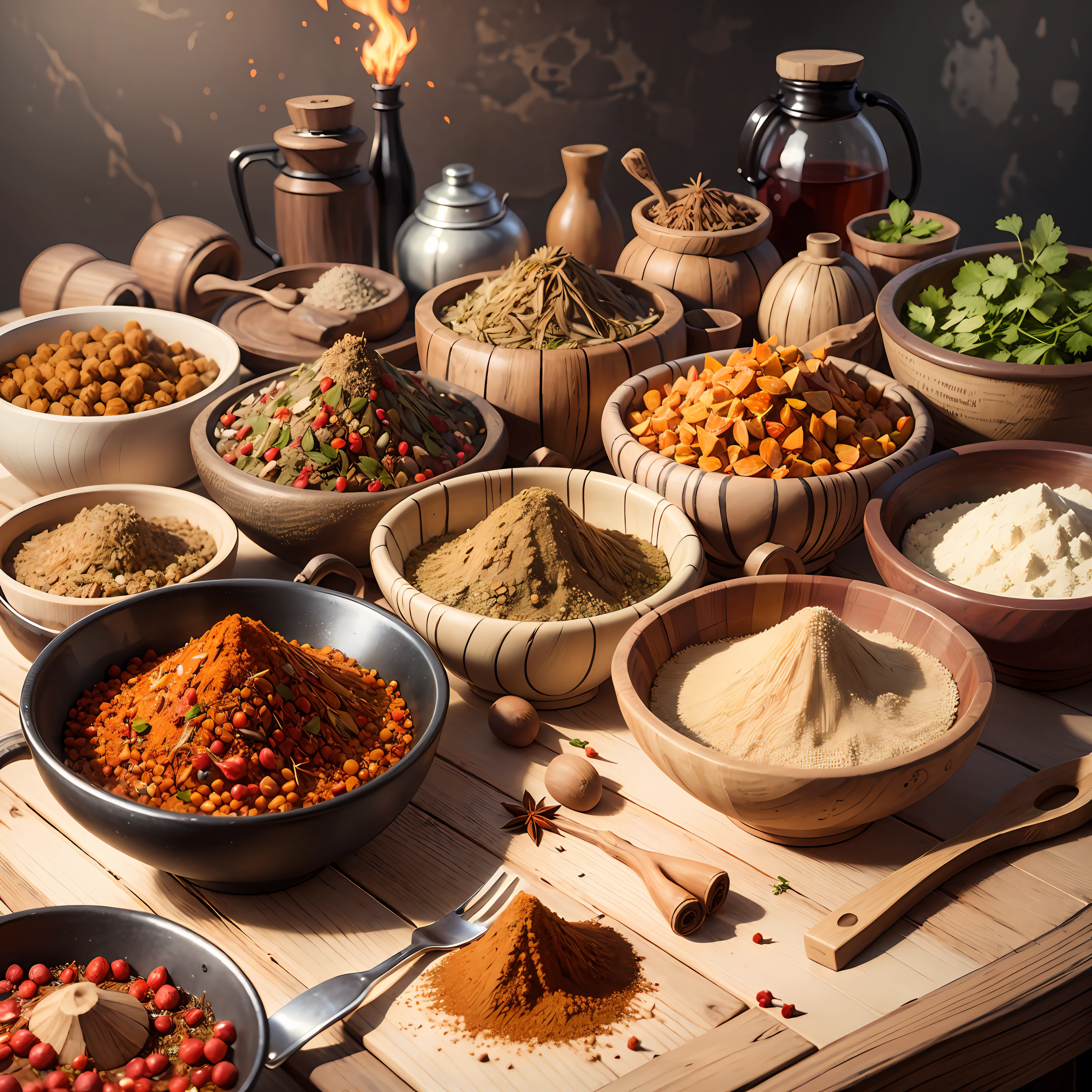 arafed assortment of spices and spices in bowls on a wooden table, spices, herbs, bottles of spices, by Juan O'Gorman, cuisine, !!beautiful!!, rustic, moroccan, colourful, coloured, by Etienne Delessert, earthy, dried herbs, by Stefan Gierowski, organic, sharn, ❤🔥🍄🌪, exotic --auto --s2