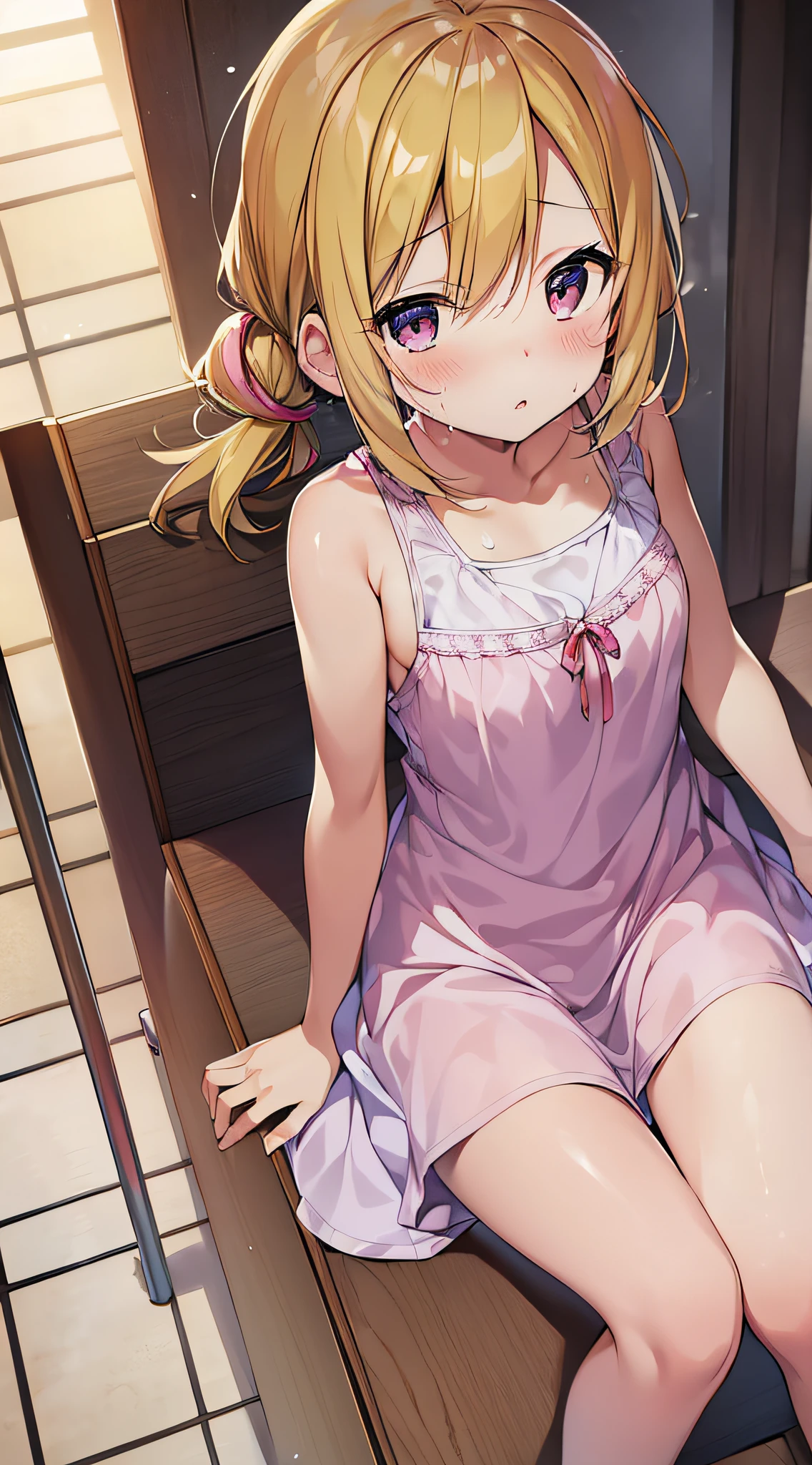 (best Quality, Anime, Anime Art Style, Anime Screencap: 1.5), Yuyushiki, 1Girl, 13 years old, Sweat, Sleeveless Dress,