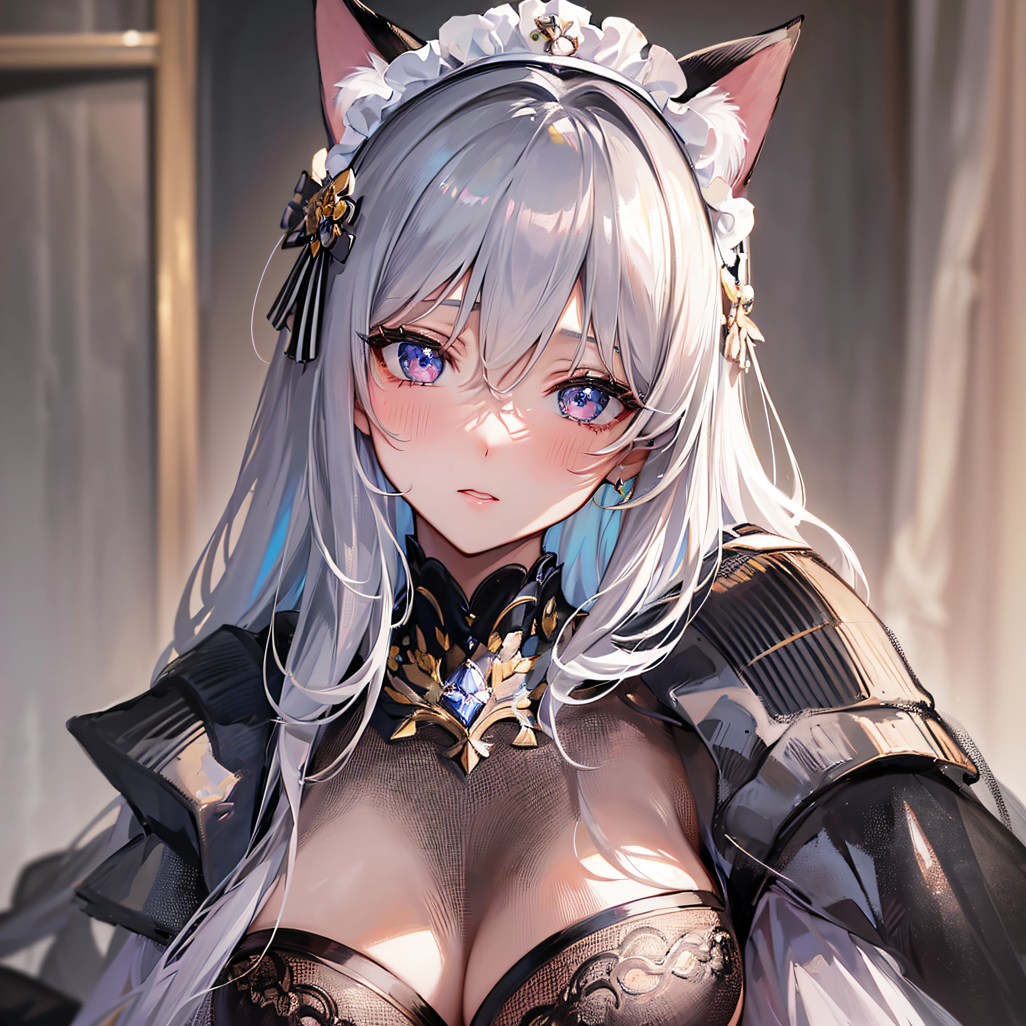 Absolutely beautiful cat lady, perfect slim body, mature royal sister, gray hair, royal sister face, maid outfit, sexy and alluring, beautiful face, bust, 4K picture quality, big body, feminine expression, blush shy, large bust, deep eyes, half naked