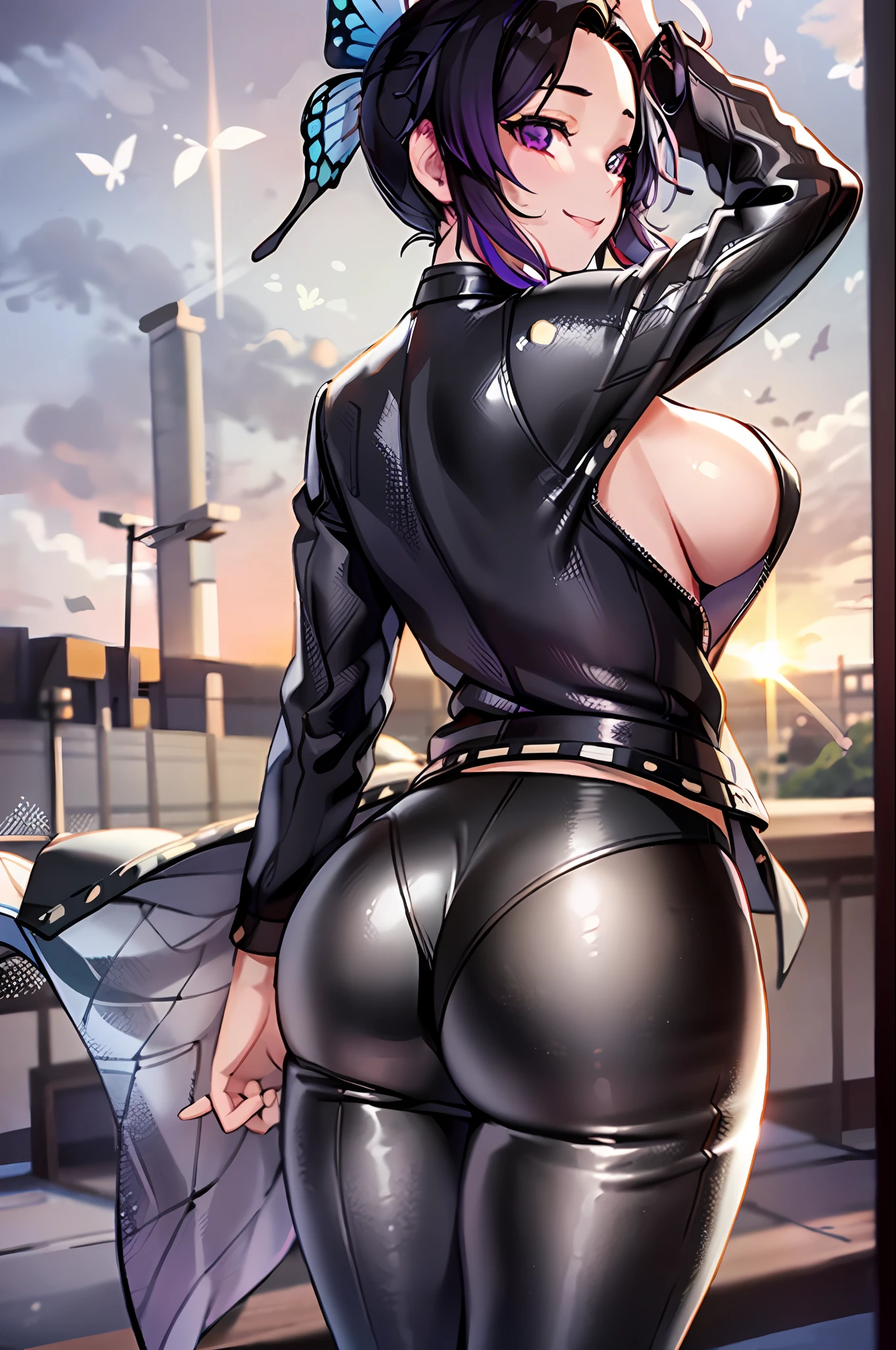 1girl,  bangs, black hair, black jacket, black pants, huge  breasts,  butterfly hair ornament,gradient hair, hair ornament,   jacket, japanese clothes,kochou shinobu, long sleeves, multicolored hair, see-through pants, parted bangs, purple eyes, purple hair, short hair, smile, solo,  two-tone hair, uniform, from the back,from behind, ass, outdoors,leaning on railing, arching,lens flare,sunset,sunbeams,