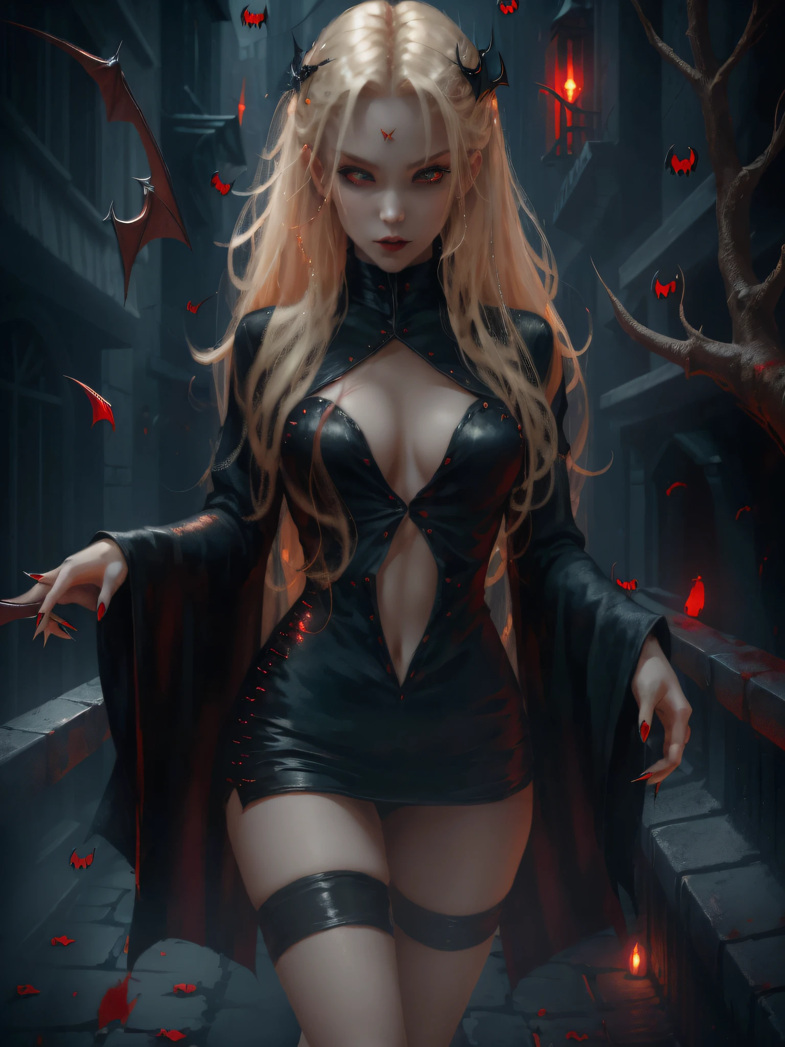 A sexy vampire in short black clothes, staring at the viewer, full body, flowing blonde hair, menacing gaze and gleaming vampire fangs, blood staining her pale face, big, sharp nails ready to pounce, in a dark alley of a city at night, with intensely mesmerizing red eyes --auto --s2