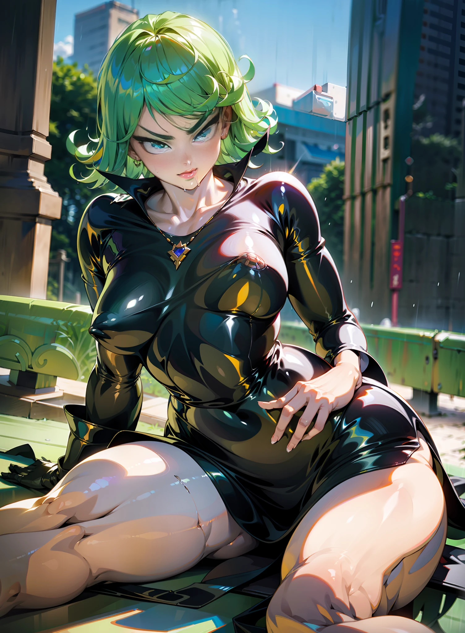 Skinny black latex cleavage dress, tiny waist, Thin waist: 1.7,ultra realistic 8k cg, masterpiece, ((ultra detailed background, delicate pattern, intricate detail)), (highly detailed, fine details), best quality, (photorealistic:1.7),Greasy body, There is a body where lubricating oil flows down, Verism, Verism。 (NSFW:1.3), the perfect body. (sexy eyes) (seductive eyes) (clothes wet with water) (completely transparent plastic top) (suspender stockings, suspender stockings, high-gloss stockings) fleshy thighs tightened by high-gloss suspender stockings, huge soft breasts. Outermost transparent gauze on body, beautiful woman, surreal, 1 girl, ((facing the audience, hand caressing her chest)), (huge soft breasts, charming body: 1.8), sit-ups: 1.6, green hair: 1.9, (wet rain, rain wet, wet body: 1.9), painting, masterpiece, best quality, ultra-detailed, absurd, portrait beautiful, solo, earrings, jewelry, bikini, smile, sexy belt outfit, tank top, sky, day, swimwear, outdoors, gloves, necklace, transparent bikini, sexy, volumetric lighting, best quality, masterpiece, intricate details, realistic skin texture, pixiv, ultra-detailed, artstation trend,oilly skin, wet rosy skin thin waist: 1.6, Large, upturned breasts, transparent clothes, enormous breasts, anime characters, anatomically correct, textured skin。 (nsfw:1.3)enormous breasts, The picture is colorful, The brushstrokes of figure painting are multi-layered and rich。