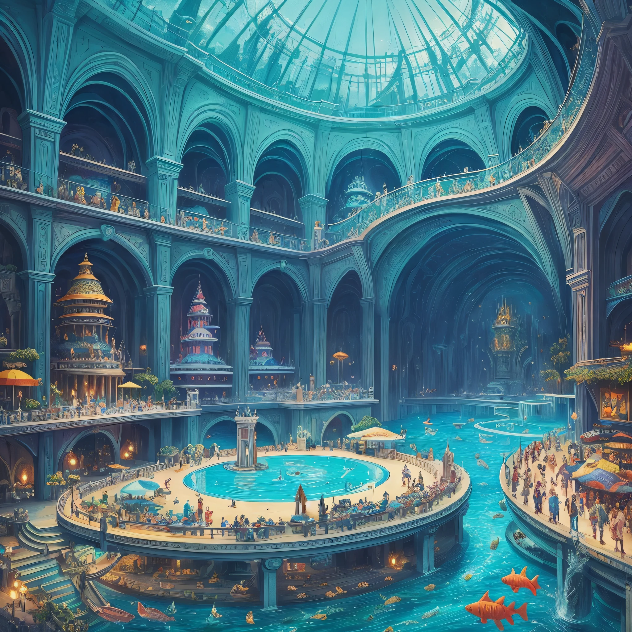 megalophobia, aquatic show. Style painting 60s