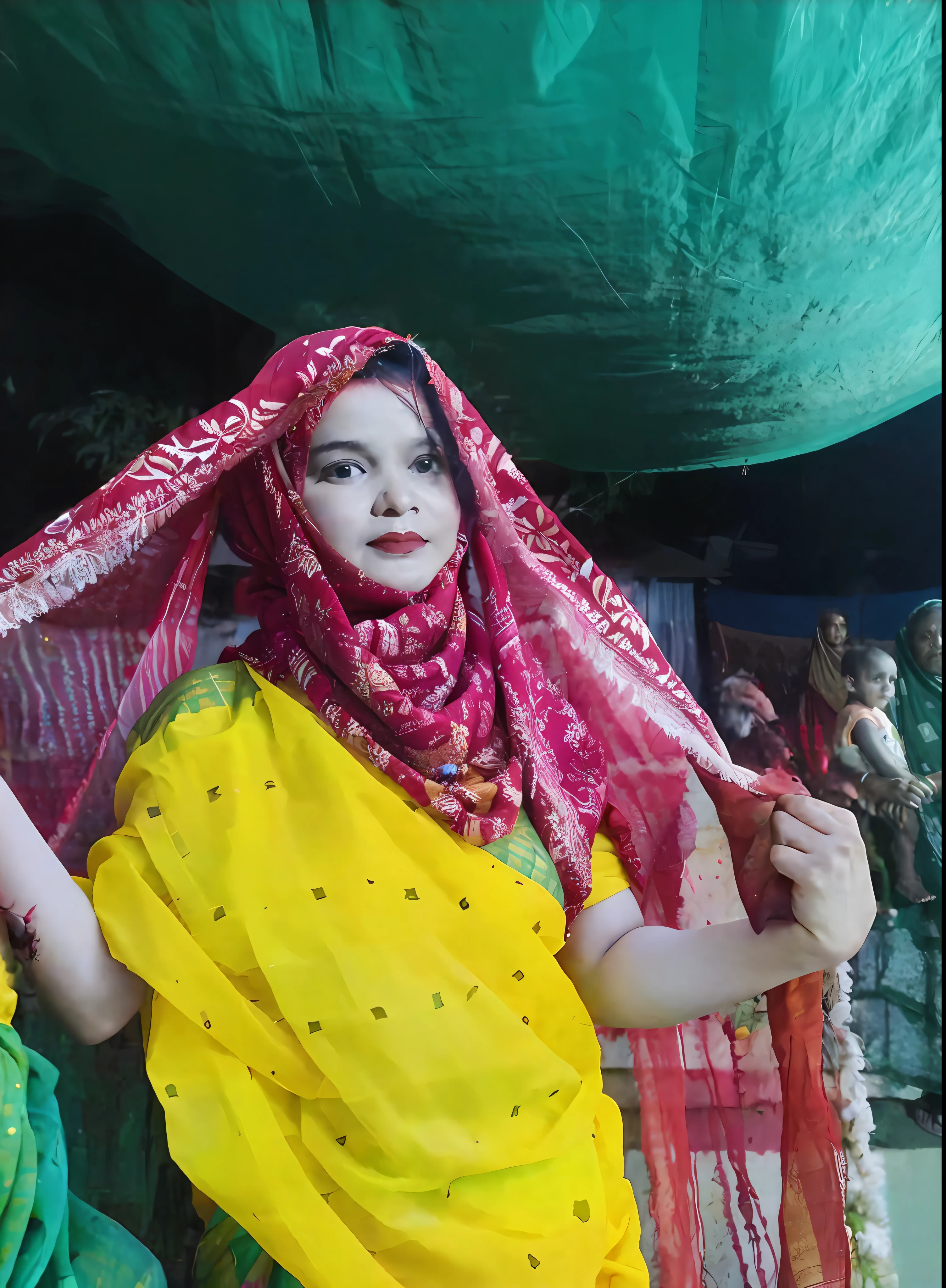 araffe dressed in a colorful sari and veil standing in a crowd, wearing traditional garb, dressed in a sari, traditional beauty, wearing bihu dress mekhela sador, with yellow cloths, wearing sari, traditional makeup, assamese aesthetic, wearing a sari, traditional dress, taken with the best dlsr camera, traditional clothes, in costume.anime style,covered area